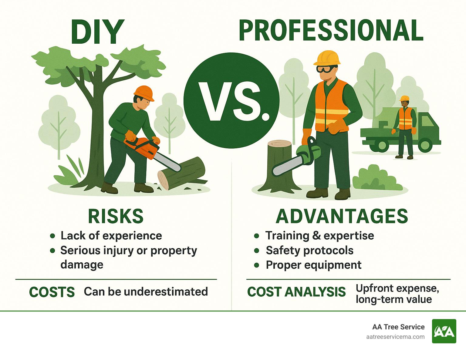 DIY versus professional tree removal risk comparison - best tree removal service near me infographic 