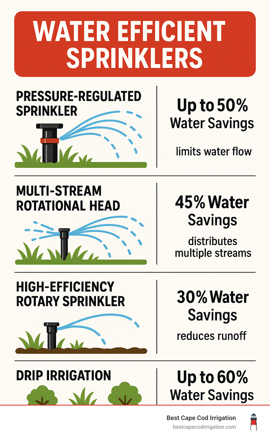 Infographic showing different types of water efficient sprinklers, their water savings percentages, and how they work compared to traditional sprinklers, including pressure-regulated sprinklers, multi-stream rotational heads, high-efficiency rotary sprinklers, and drip irrigation systems - water efficient sprinklers infographic 