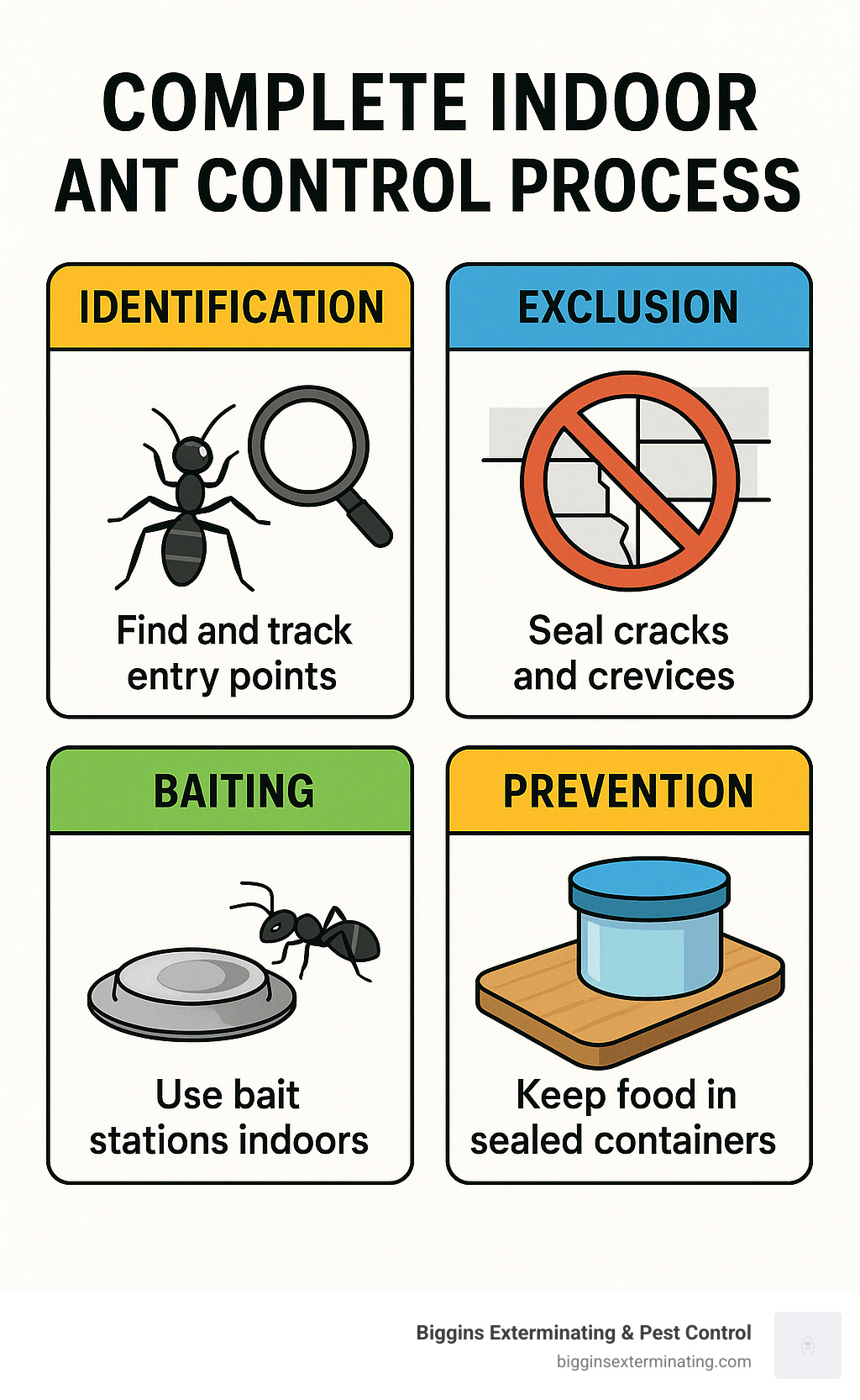 Complete indoor ant control process showing identification, exclusion, baiting, and prevention steps with explanations for each technique - indoor ant control infographic