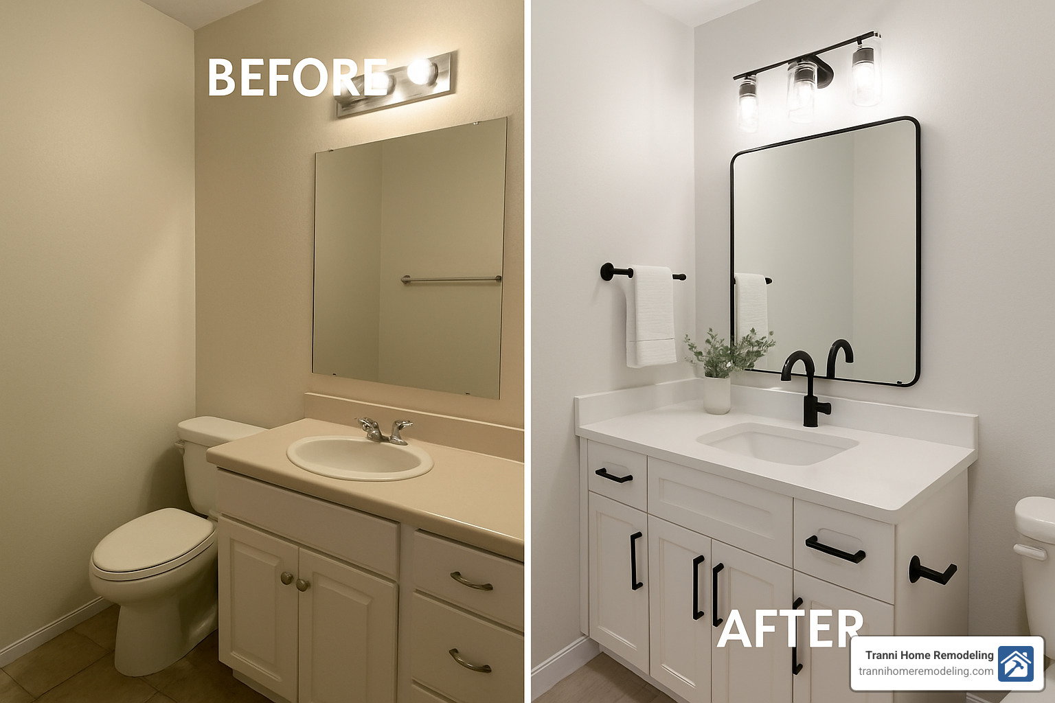 before and after of bathroom with new paint, hardware and lighting - affordable bathroom remodeling