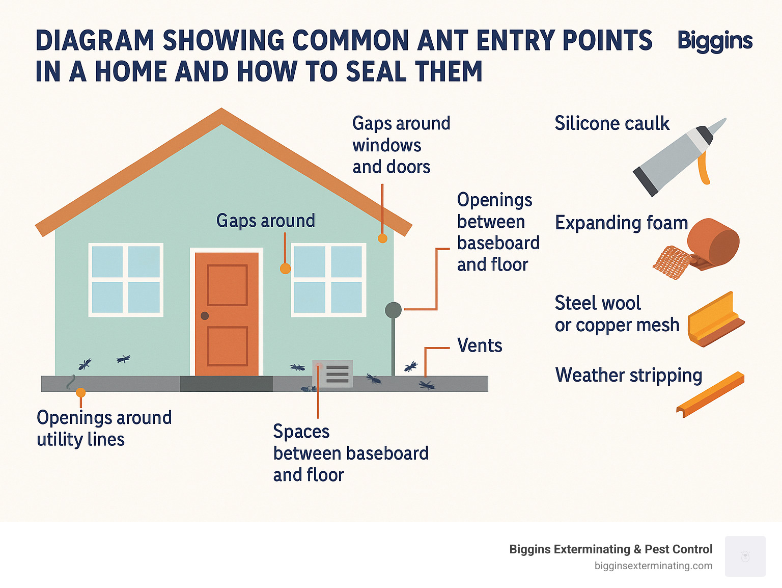 Diagram showing common ant entry points in a home and how to seal them - indoor ant control infographic