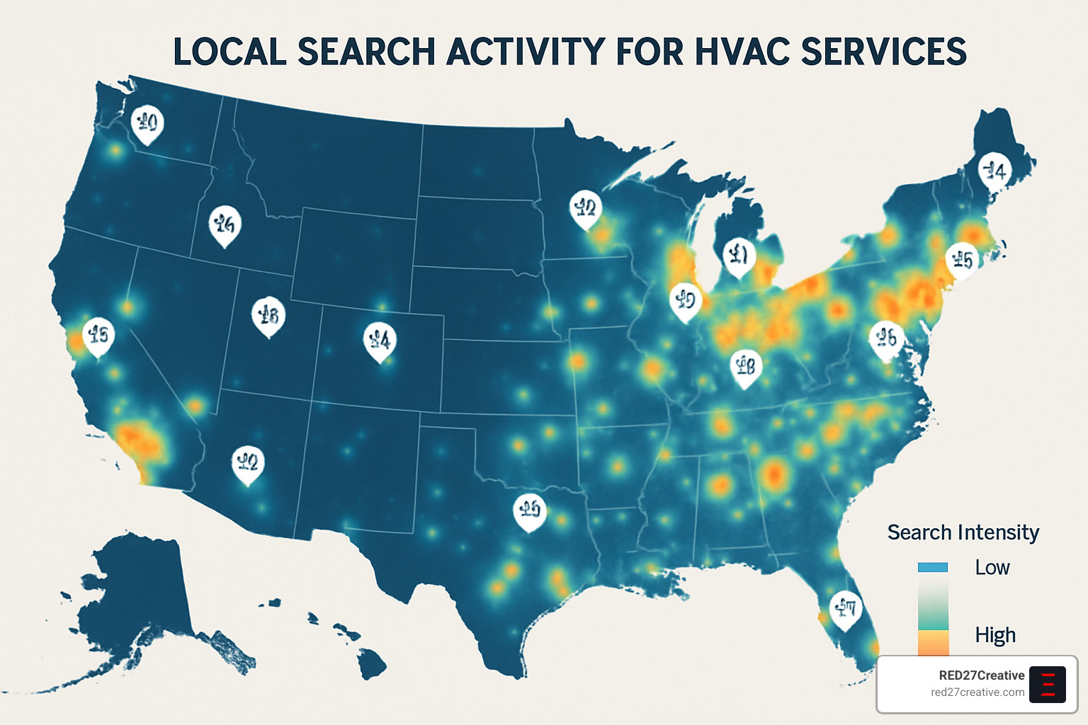 Cool Strategies to Grow Your Heating and Air Conditioning Business • how to grow a heating and air conditioning business • RED27Creative HVAC local SEO heat map showing search density - how to grow a heating and air conditioning business