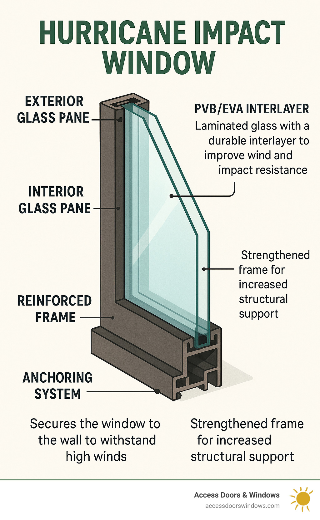 Diagram showing cross-section of hurricane impact window with labeled parts including exterior glass pane, PVB/EVA interlayer, interior glass pane, reinforced frame, and anchoring system, with callouts explaining how each component contributes to wind and impact resistance - hurricane window installation infographic 