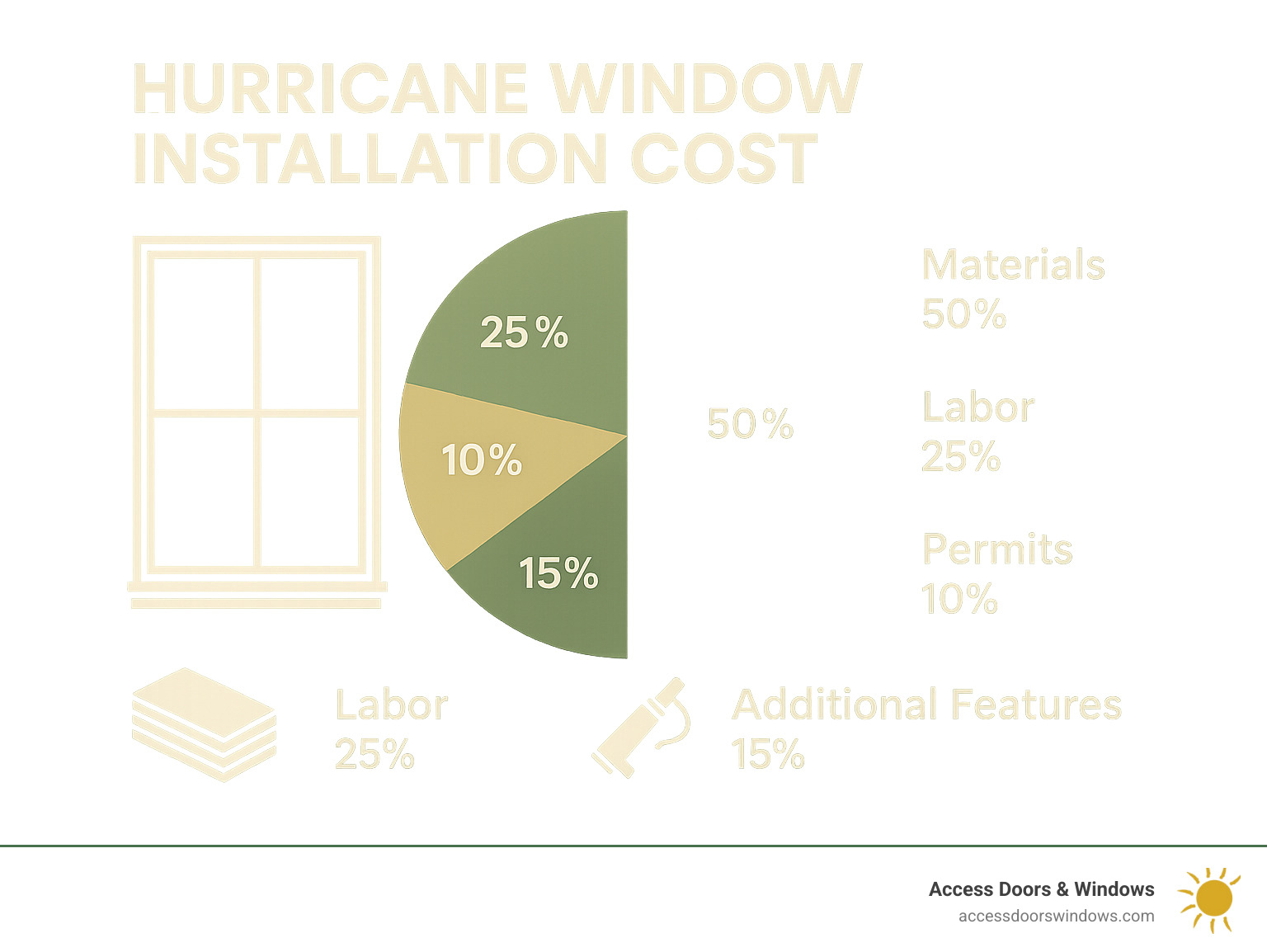 Chart showing cost breakdown of hurricane window installation including materials, labor, permits, and additional features - hurricane window installation infographic 