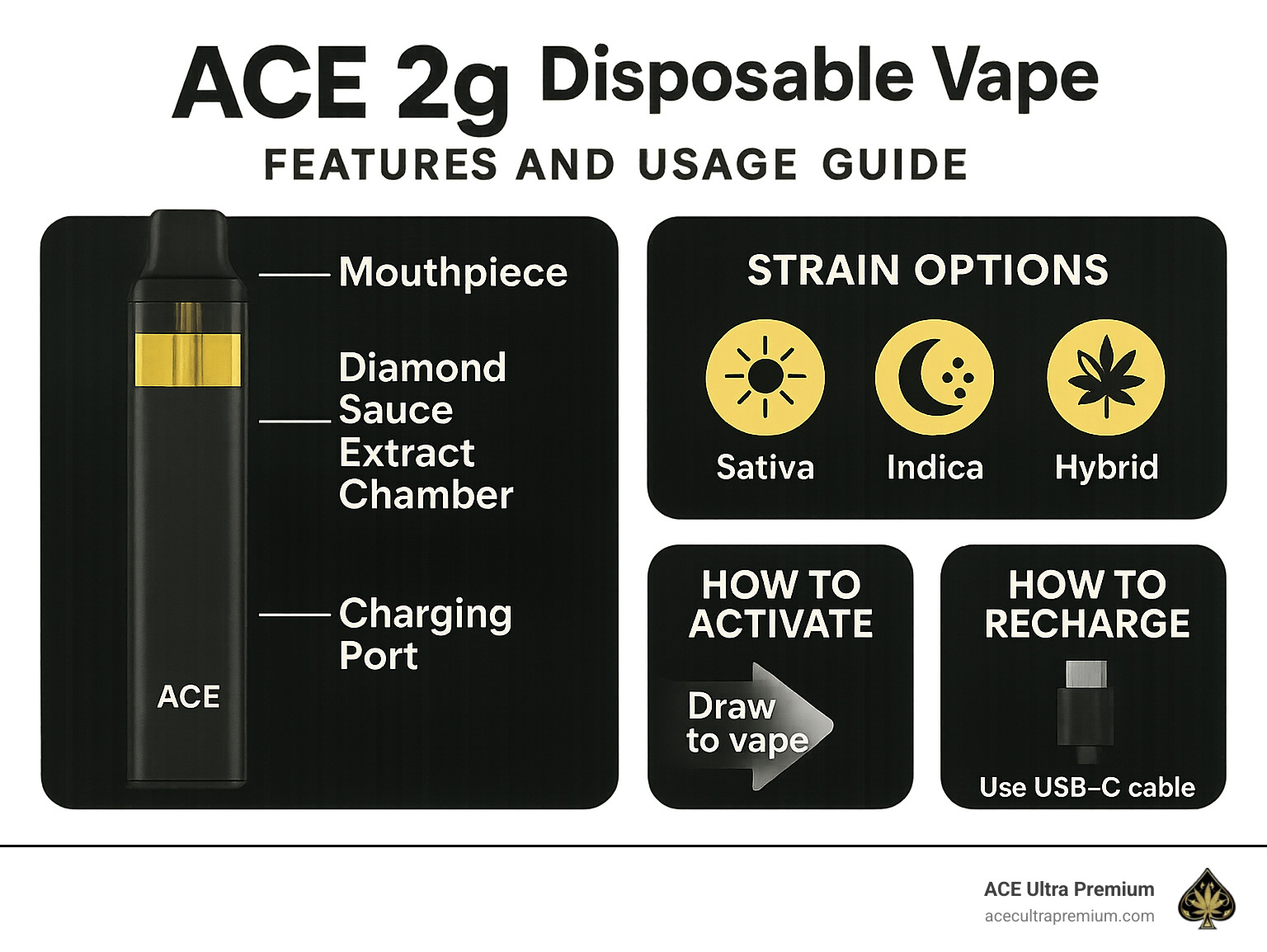 Ace 2g Disposable Vape Features and Usage Guide showing the device components, charging port, Diamond Sauce extract chamber, strain options, and how to activate and recharge the device - ace 2g infographic 
