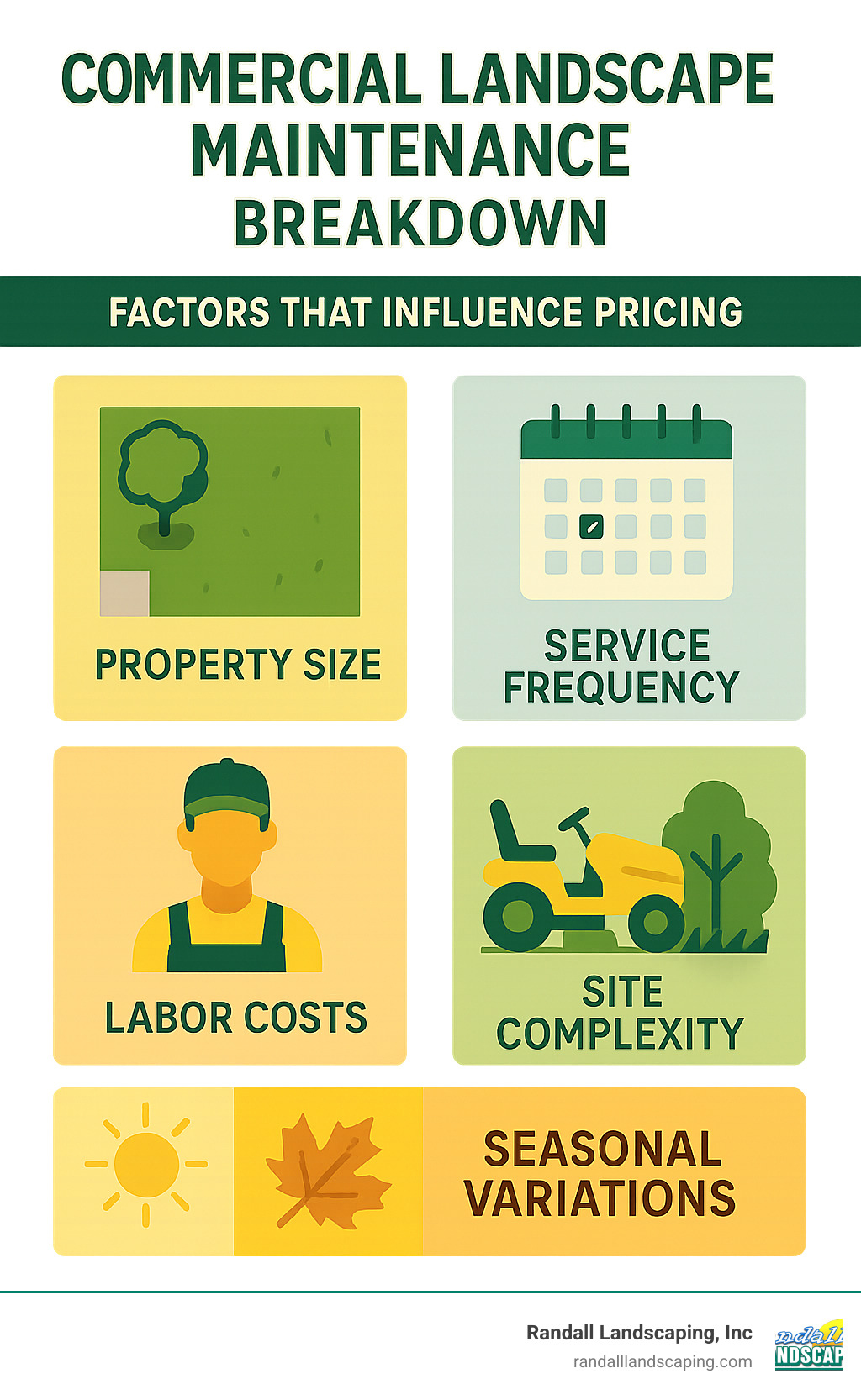 Commercial landscape maintenance cost breakdown showing factors that influence pricing including property size, service frequency, labor costs, site complexity, and seasonal variations - commercial landscape maintenance cost infographic