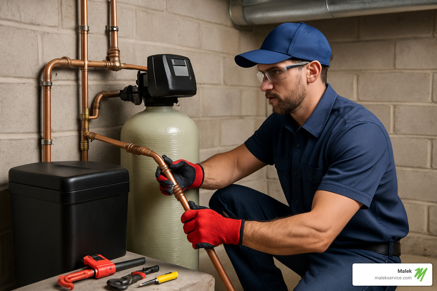 professional plumber installing water softener system - Water softener installation near me
