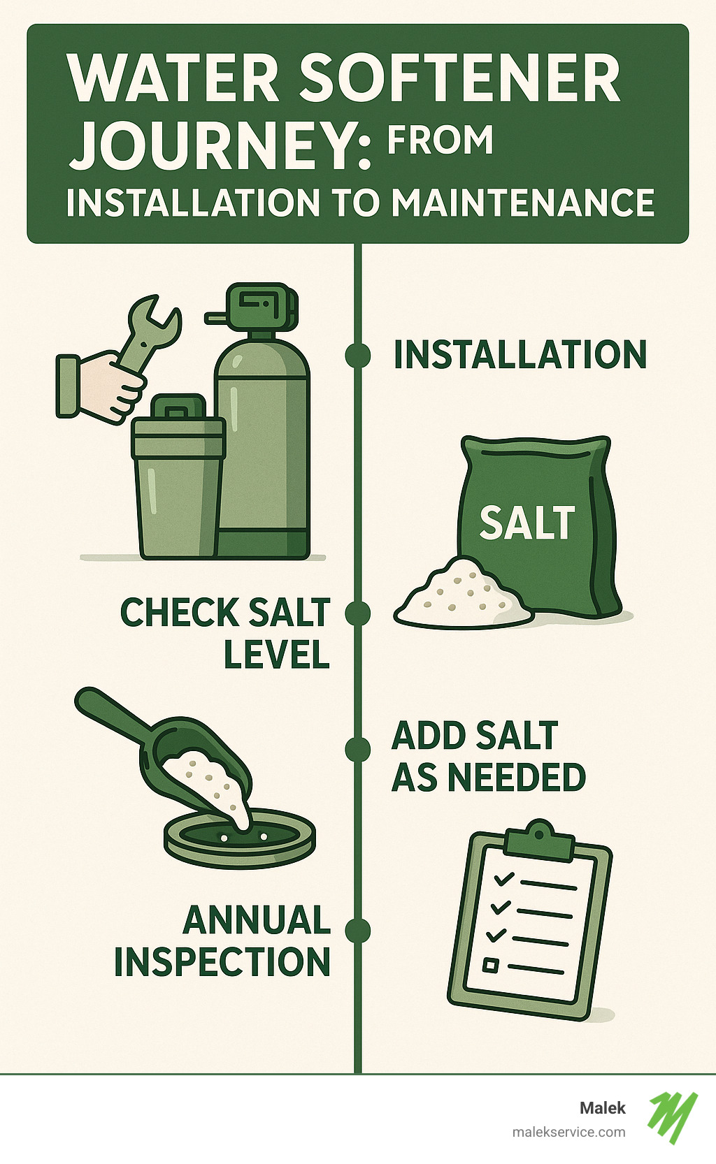 infographic showing the complete water softener journey from installation through maintenance, with timeline and key maintenance points - Water softener installation near me infographic 