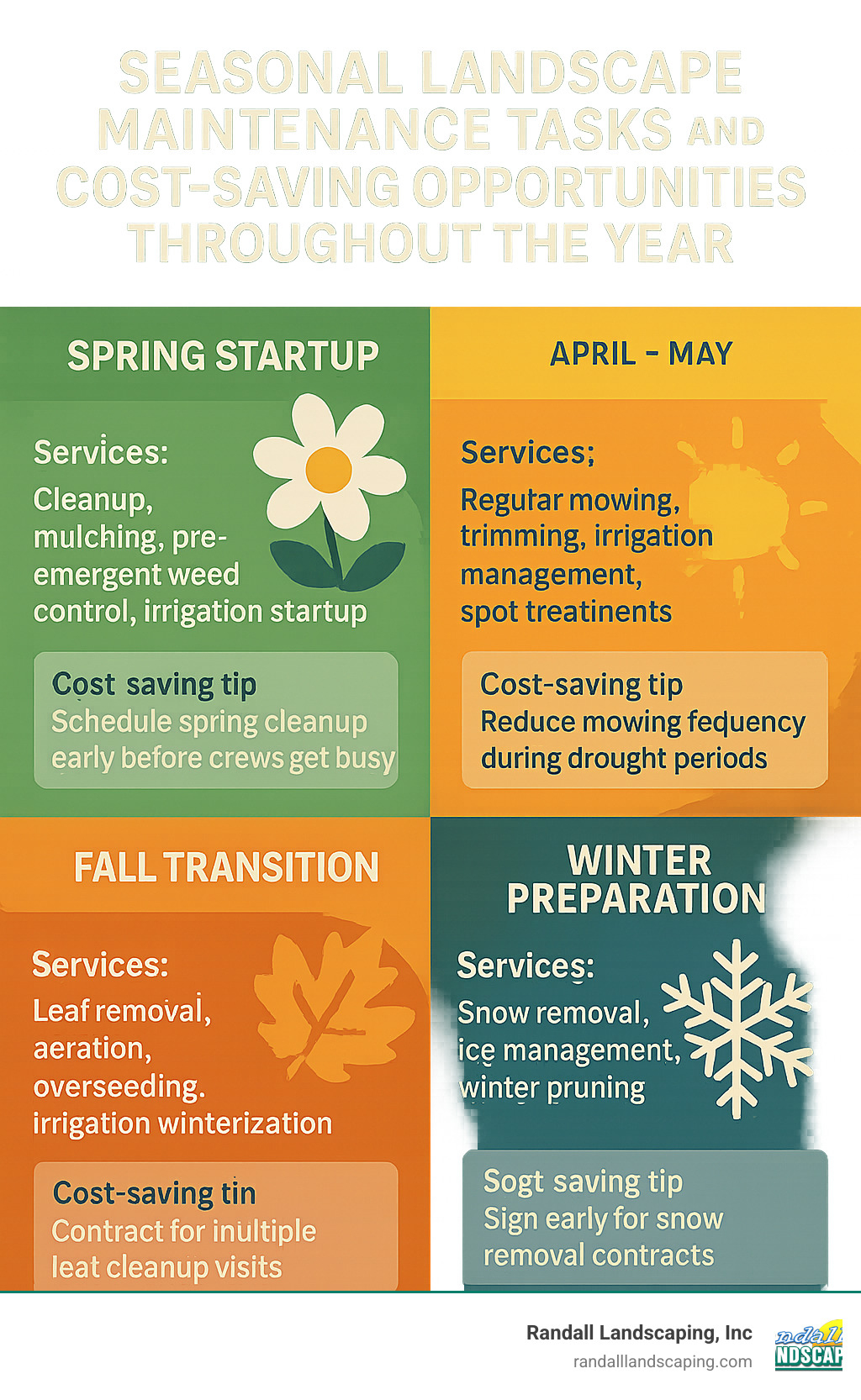 Seasonal landscape maintenance tasks and cost-saving opportunities throughout the year - commercial landscape maintenance cost infographic