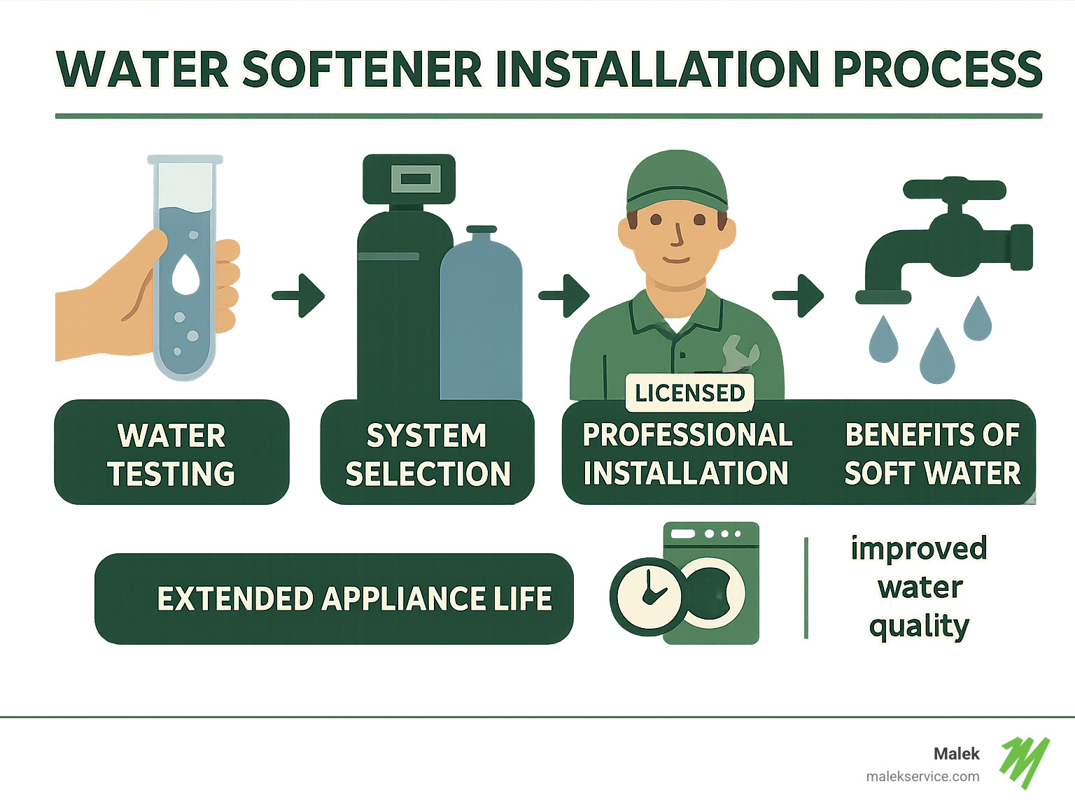 Detailed infographic showing water softener installation process with steps: water testing, system selection, professional installation by licensed technician, and benefits of soft water including extended appliance life and improved water quality - Water softener installation near me infographic 