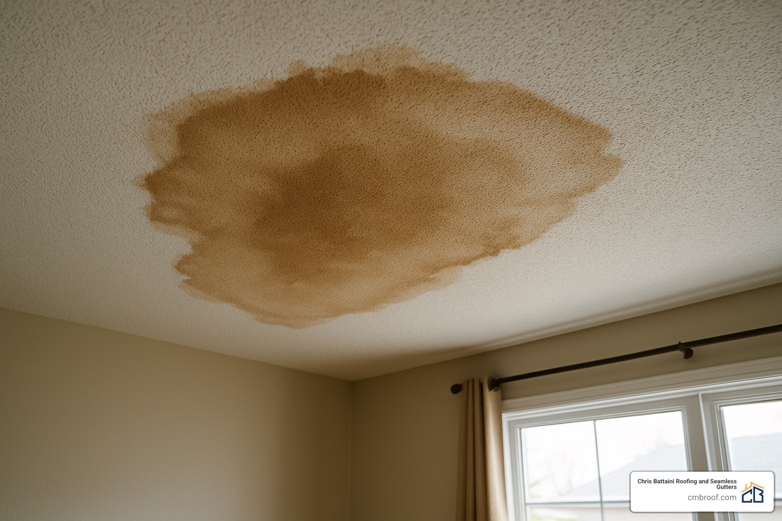 interior ceiling water stain from roof leak - roofing repair contractors
