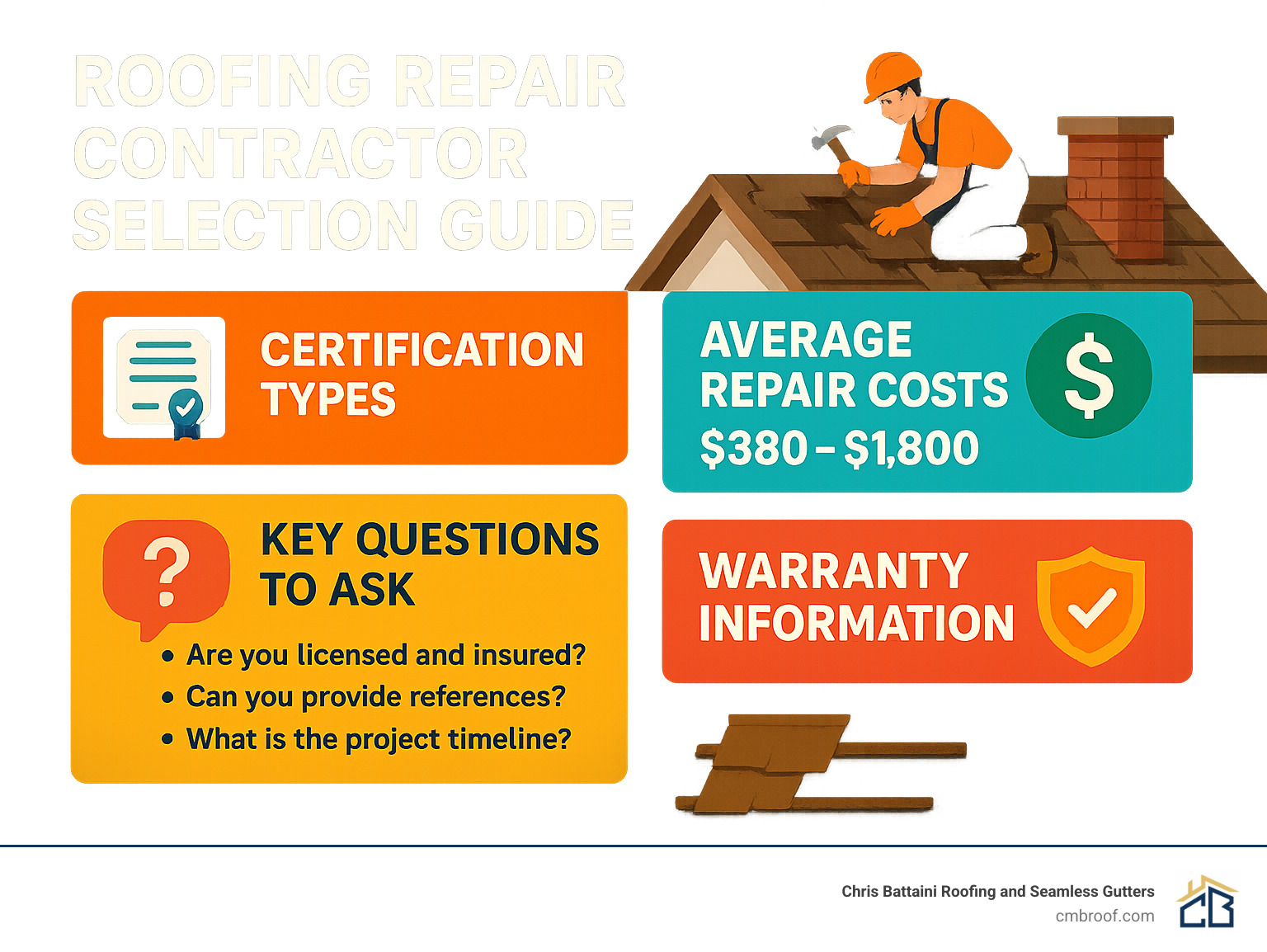 Roofing Repair Contractor Selection Guide showing certification types, average repair costs, key questions to ask, and warranty information - roofing repair contractors infographic 