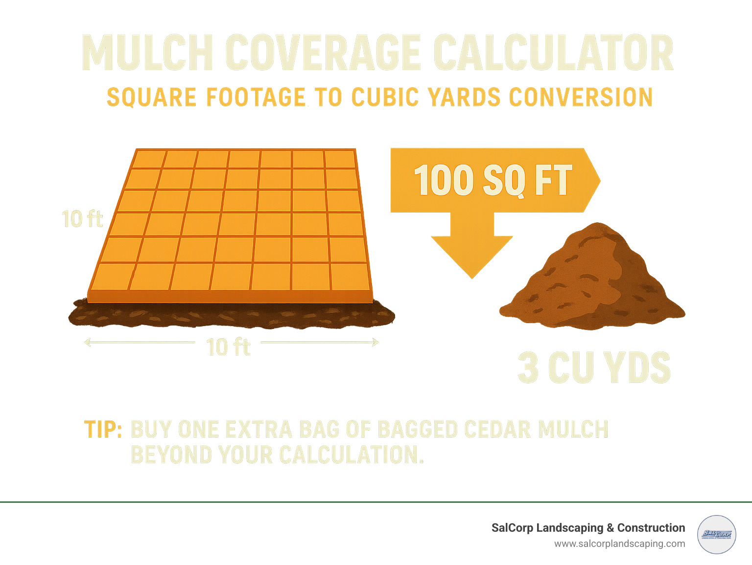 Mulch coverage calculator showing square footage to cubic yards conversion - cedar mulch delivery infographic 