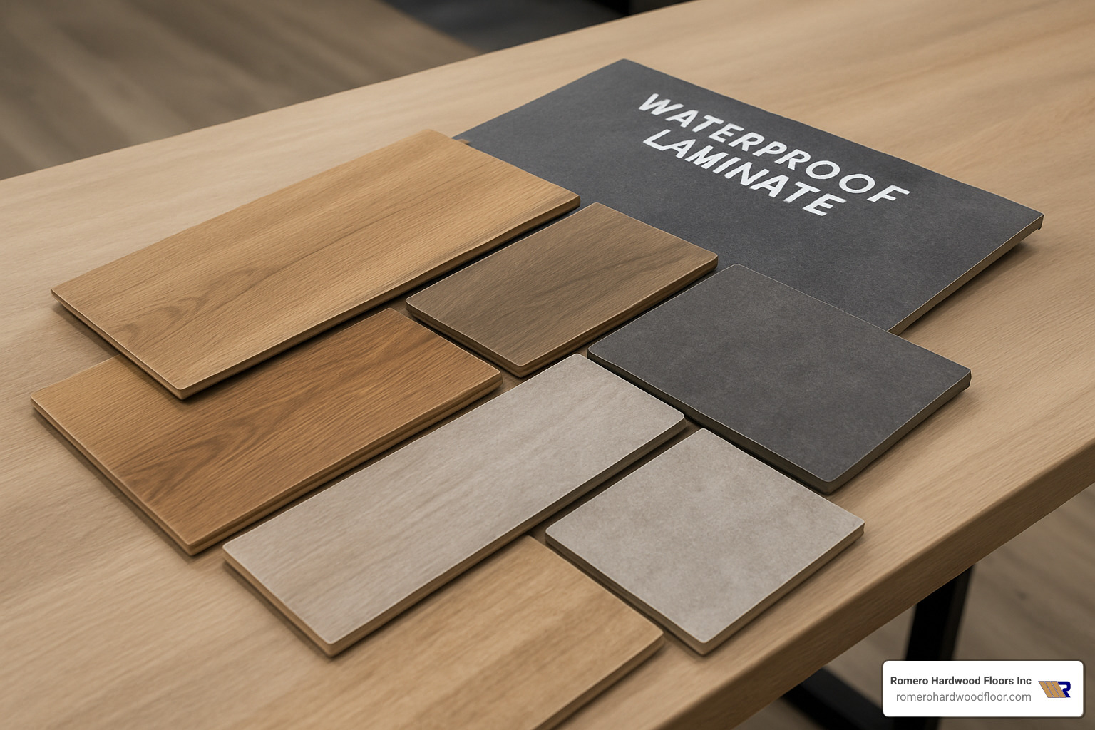 Various styles of waterproof laminate flooring samples showing wood and stone looks - cheap waterproof laminate flooring