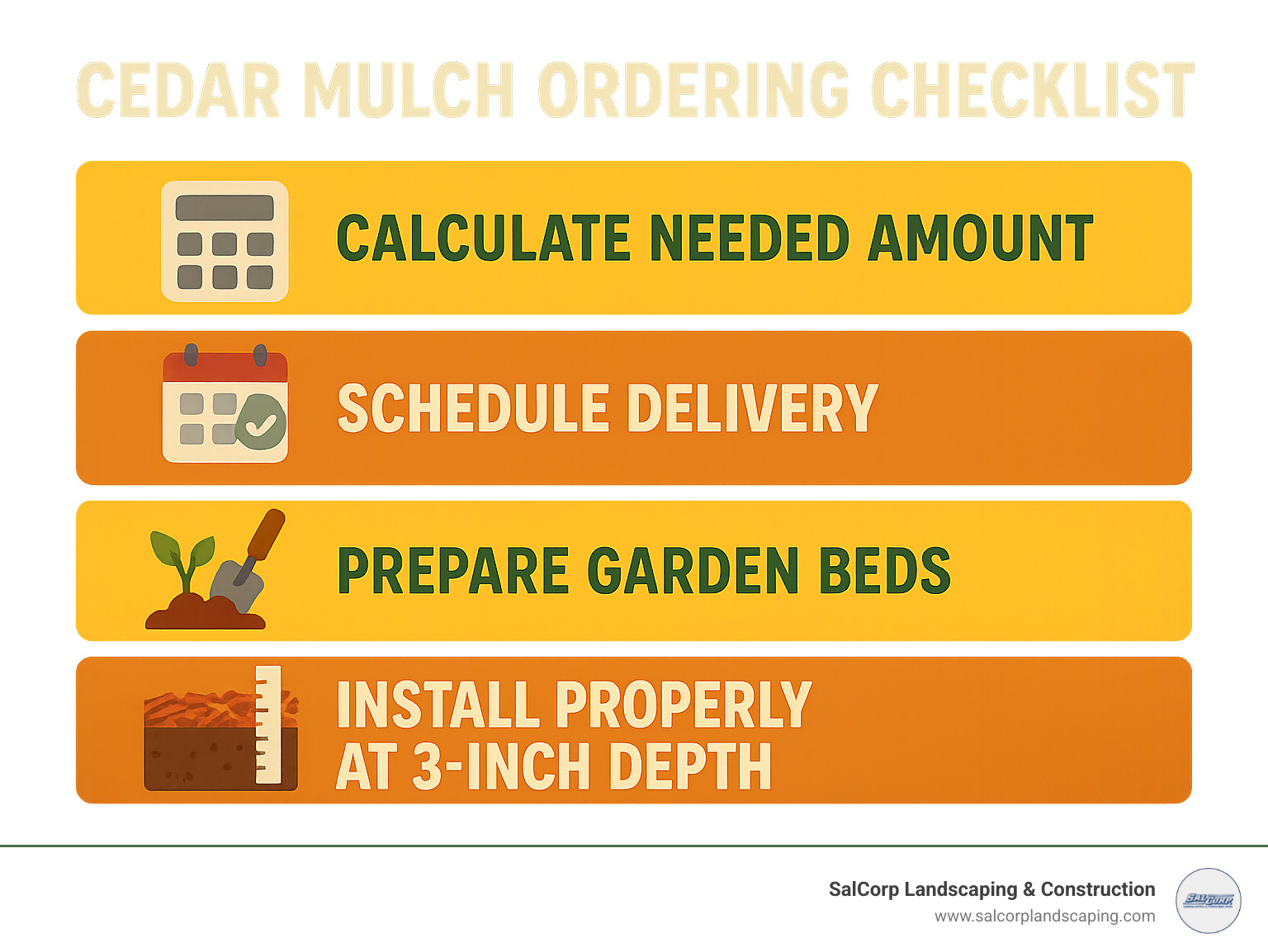 Cedar mulch ordering checklist: 1. Calculate needed amount, 2. Schedule delivery, 3. Prepare garden beds, 4. Install properly at 3-inch depth - cedar mulch delivery infographic 