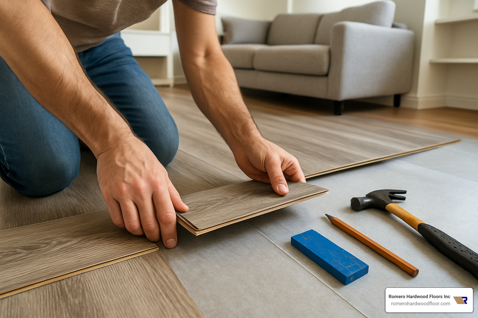 DIY installation of waterproof laminate flooring showing click-lock system - cheap waterproof laminate flooring