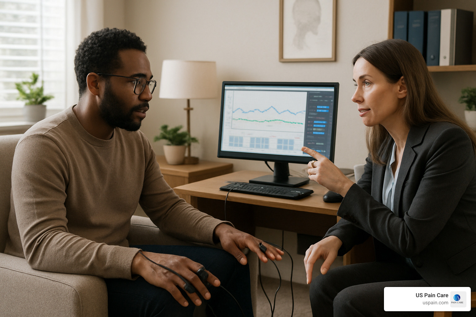Person using biofeedback device with therapist - mind body pain therapy