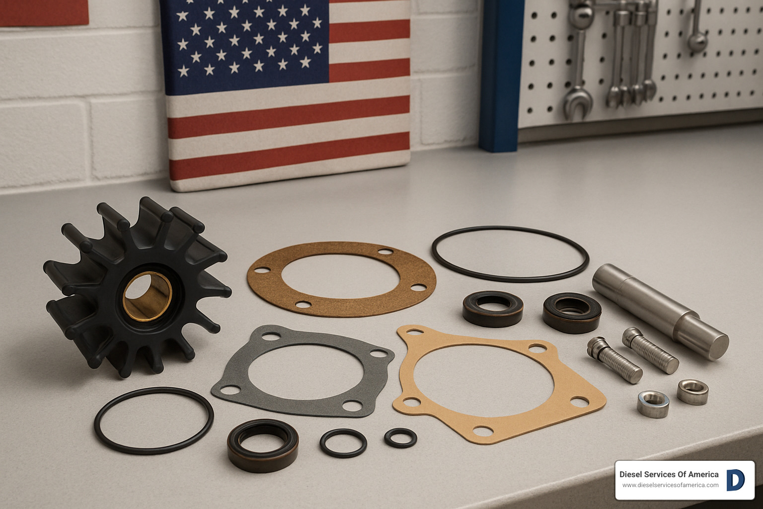 diesel engine water pump rebuild kit components laid out - Diesel engine water pump repair