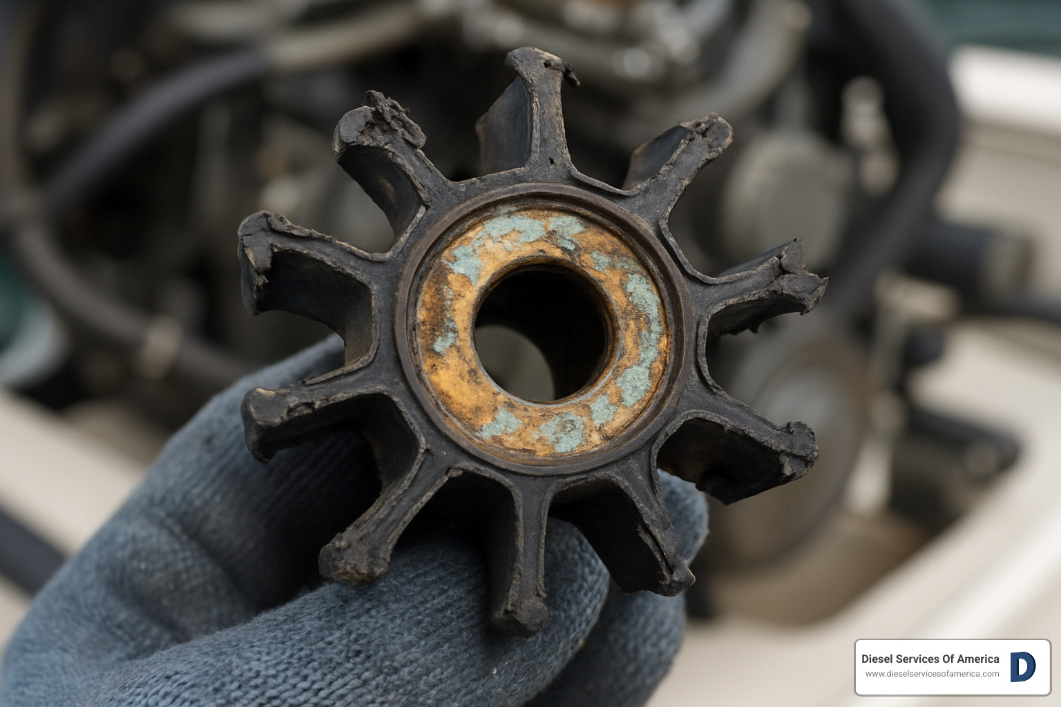failed marine diesel water pump impeller with broken vanes - Diesel engine water pump repair