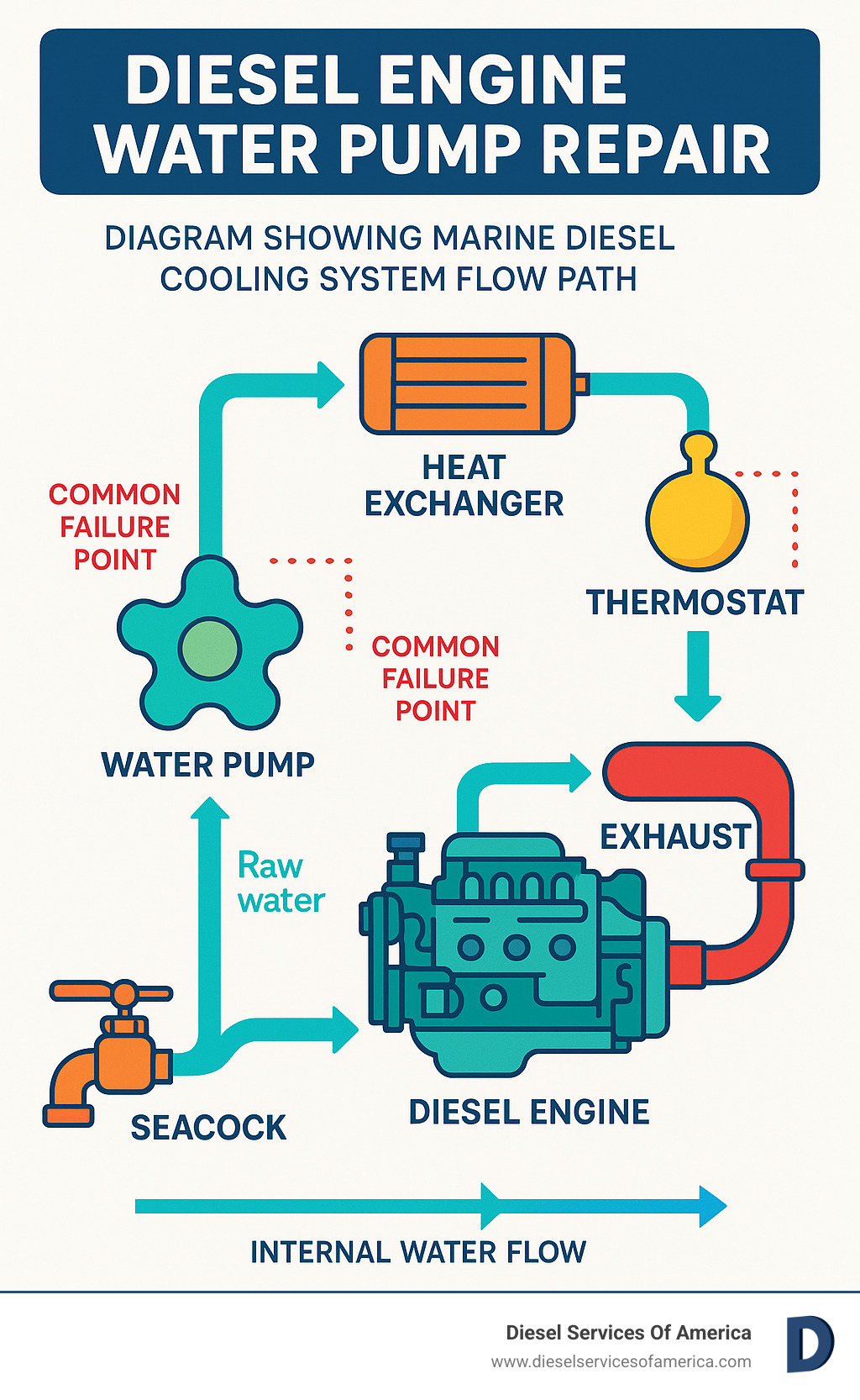 Diagram showing marine diesel cooling system flow path from seacock through engine to exhaust, with labeled components including water pump, heat exchanger, thermostat, and common failure points - Diesel engine water pump repair infographic 