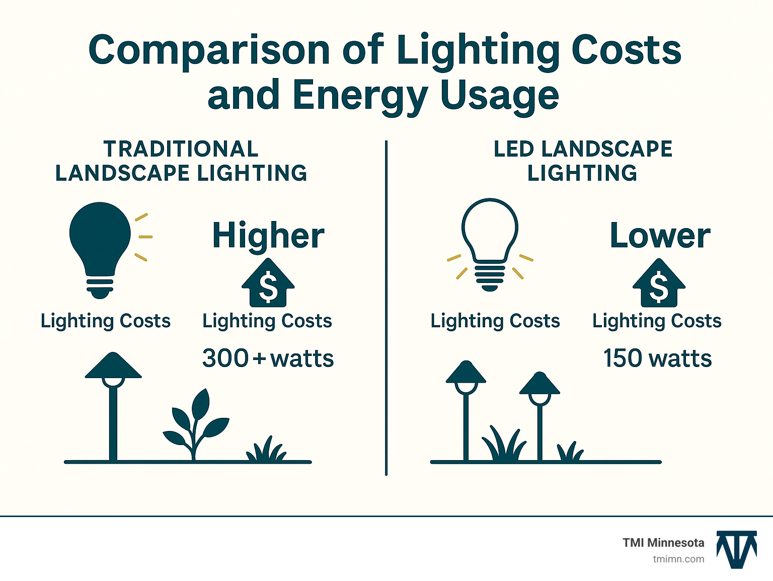 ab5998a3cc63c58e4bff4f56e060ca9c013c9cad Landscape Lighting Ideas: Boost Curb Appeal & Safety Discover Landscape lighting ideas to boost curb appeal, safety, and ambiance. Transform your yard with expert tips and creative solutions! Comparison of lighting costs and energy usage between traditional and LED landscape lighting - Landscape lighting ideas infographic