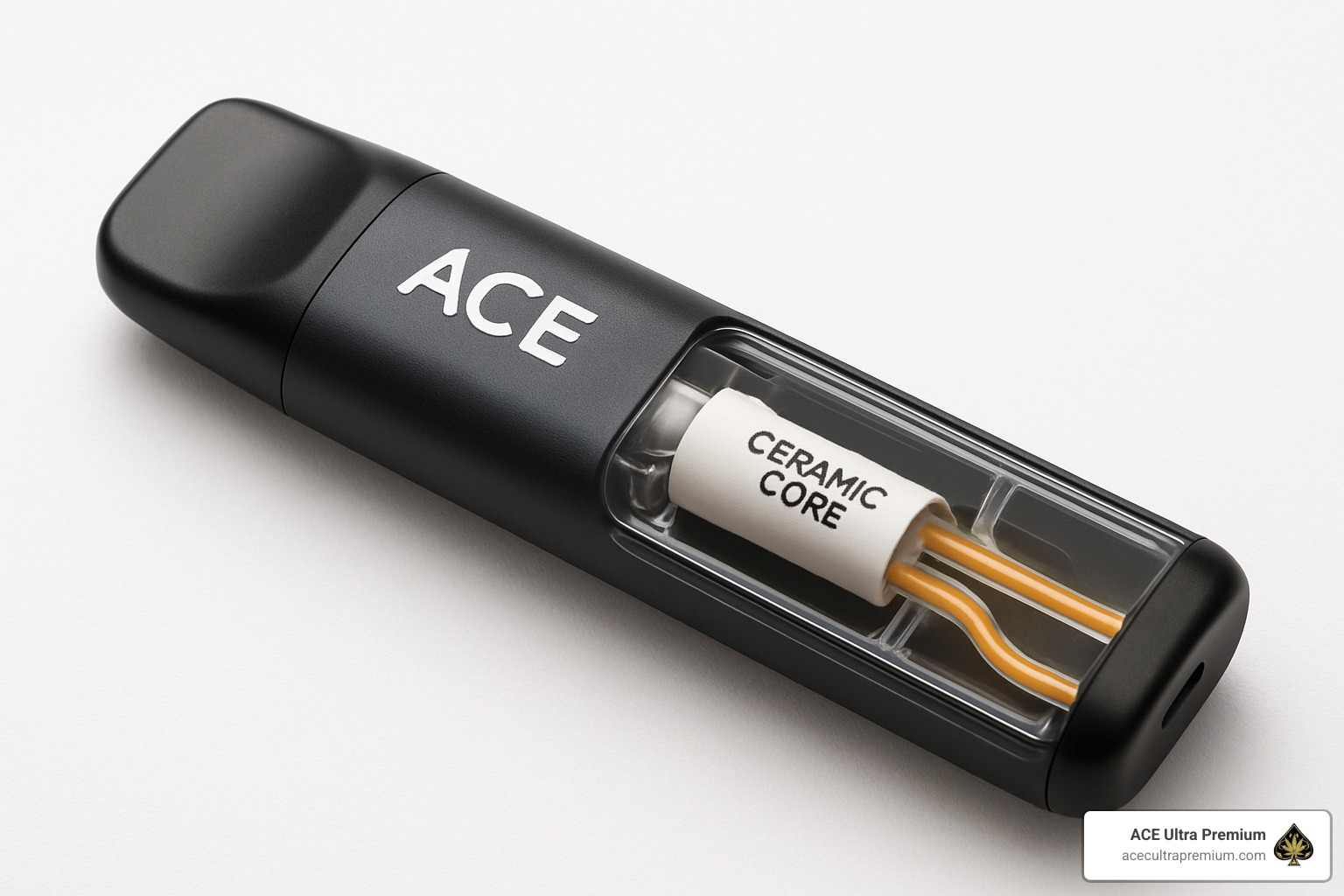 Close-up of Ace disposable showing ceramic core heating element and airflow system - ace disposable