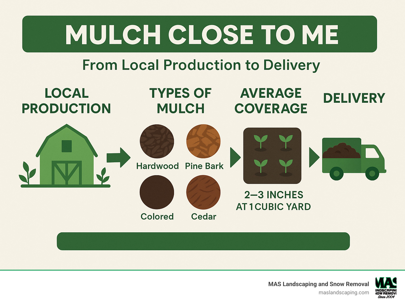 Infographic showing mulch supply chain from local production to delivery, including types of mulch, average coverage rates, and delivery options - mulch close to me infographic 