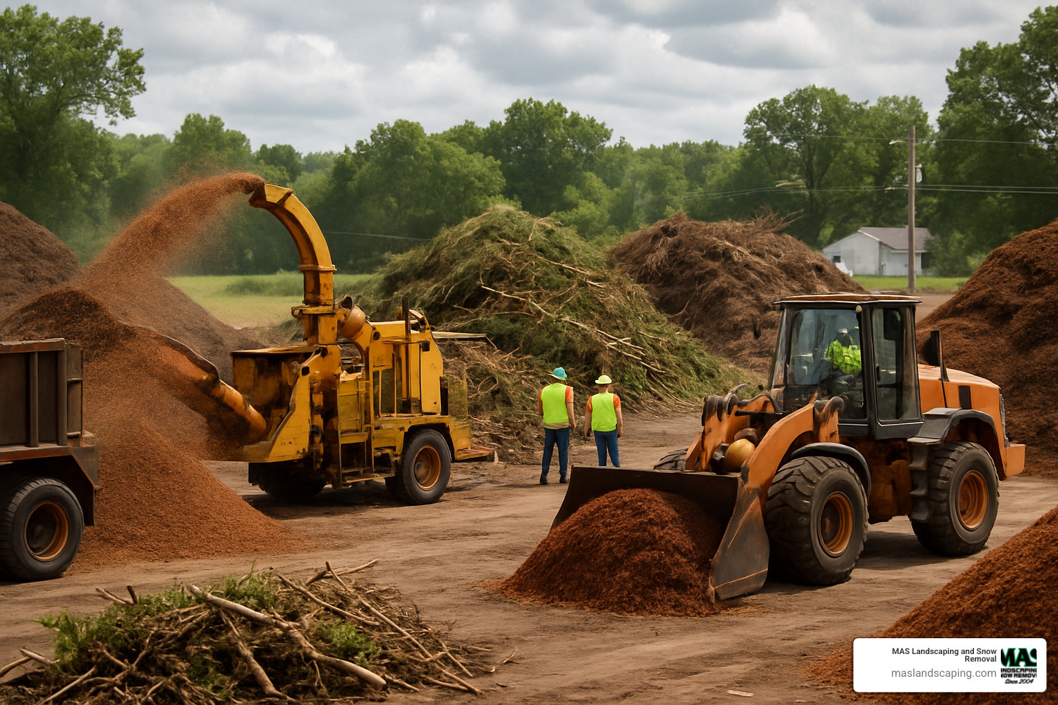 local mulch production facility with tree debris being processed - mulch close to me