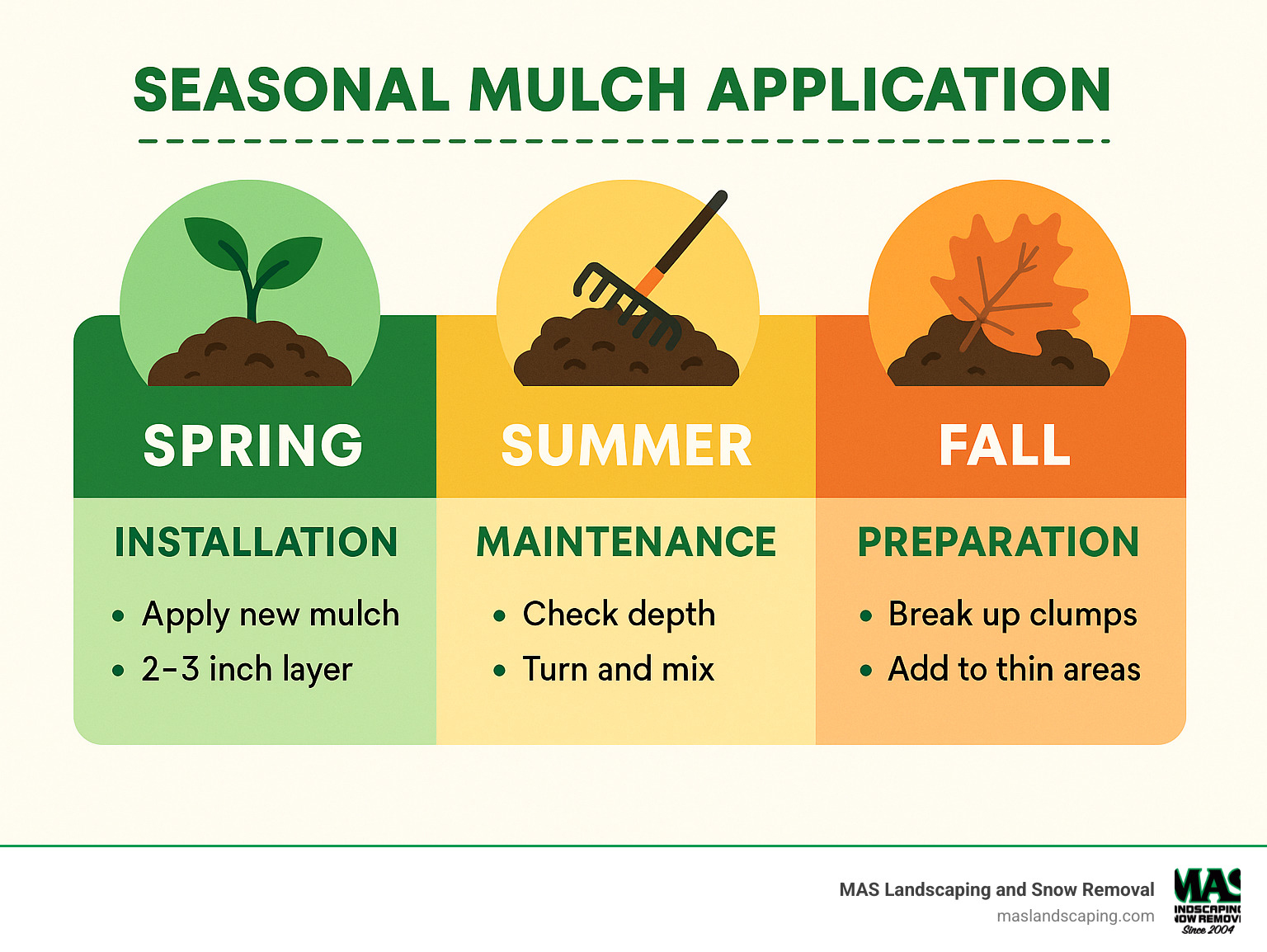 Infographic showing seasonal mulch application timeline, with spring installation, summer maintenance, and fall preparation guidelines - mulch close to me infographic 