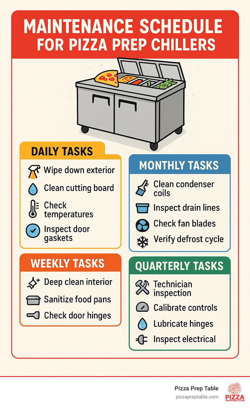 Maintenance schedule infographic for pizza prep chillers - pizza prep chiller infographic 