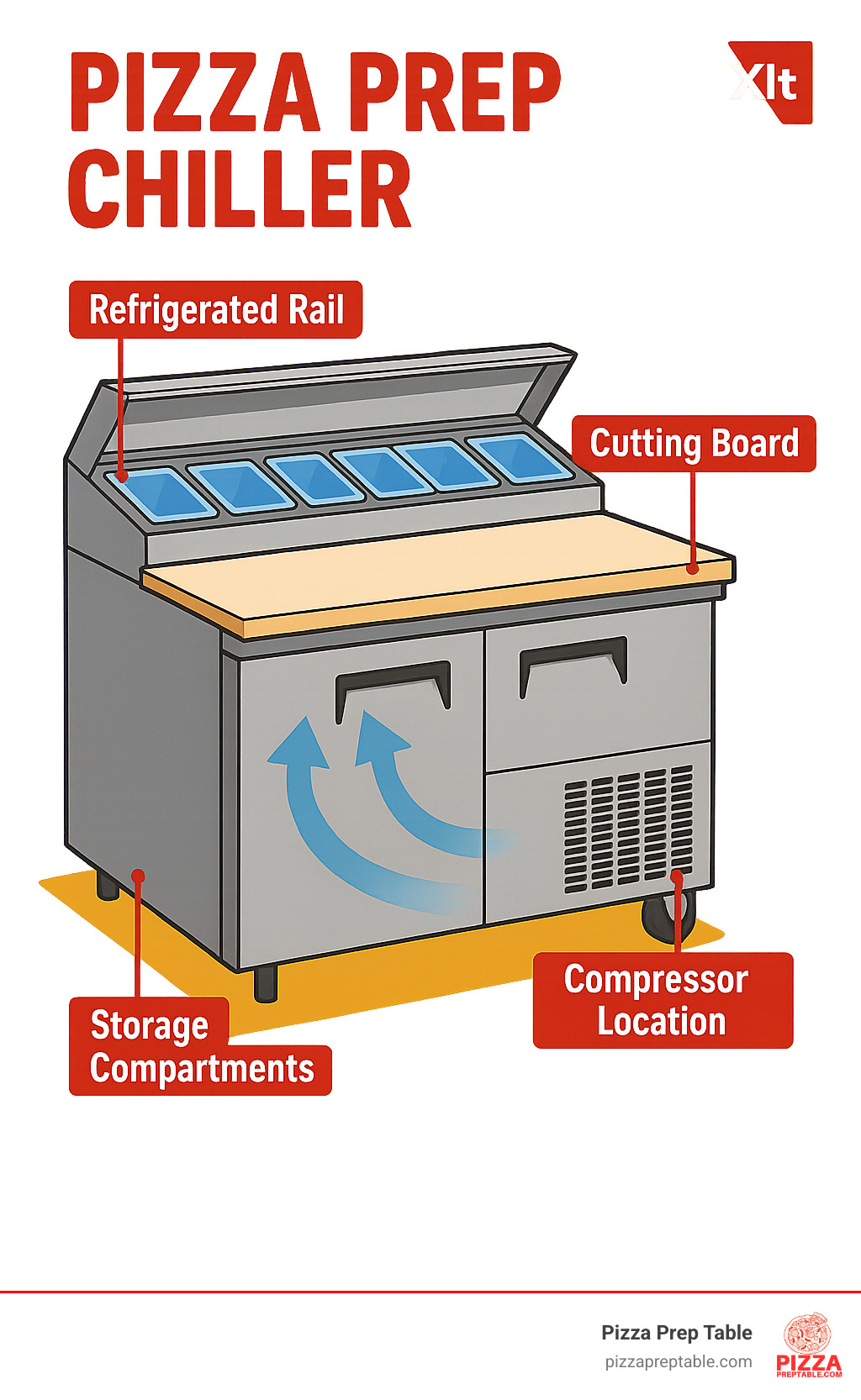 Detailed diagram of pizza prep chiller showing refrigerated rail, cutting board, storage compartments, compressor location, and airflow system - pizza prep chiller infographic 