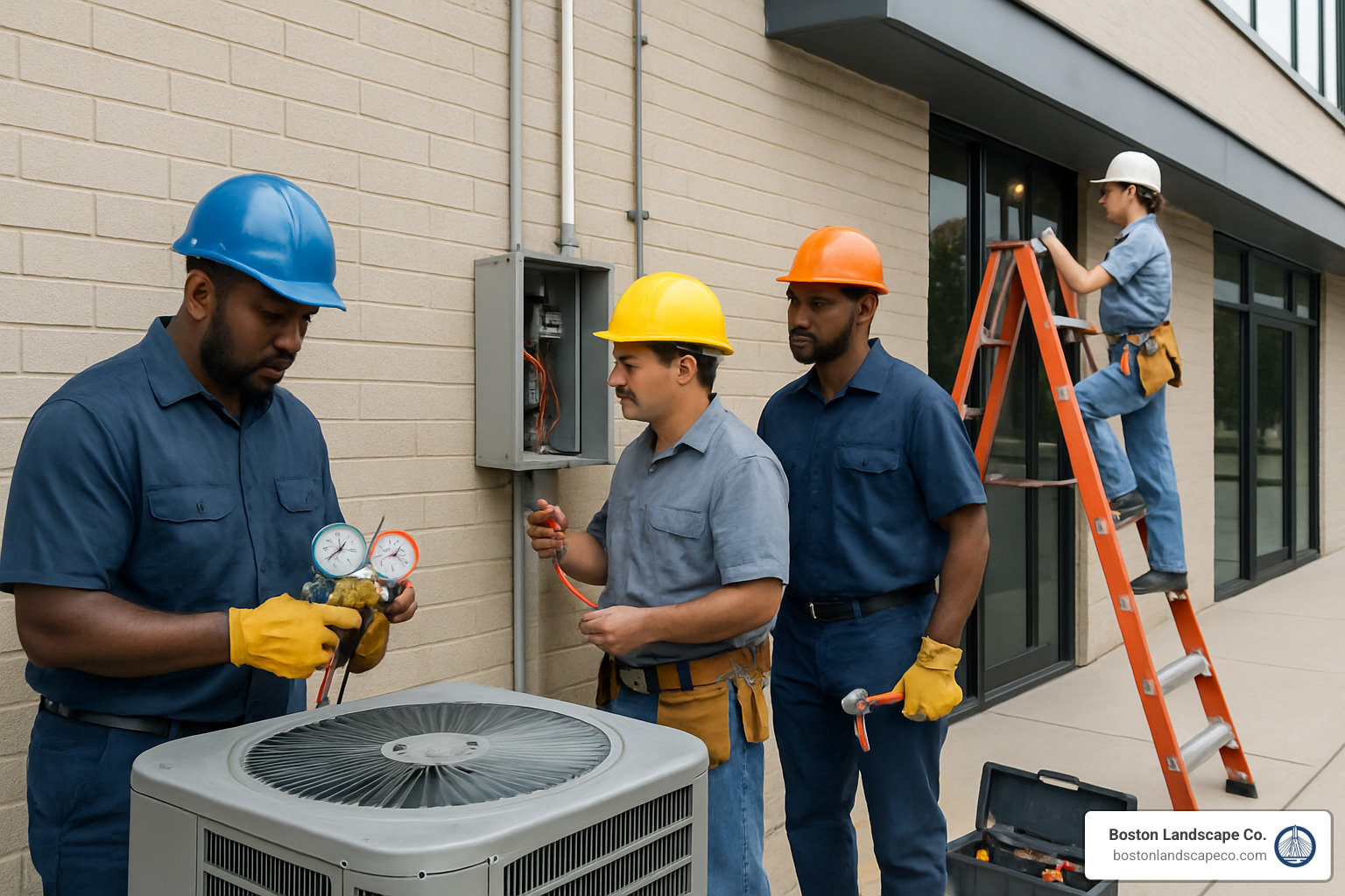multi-trade maintenance crew working on commercial building - commercial repair and maintenance work
