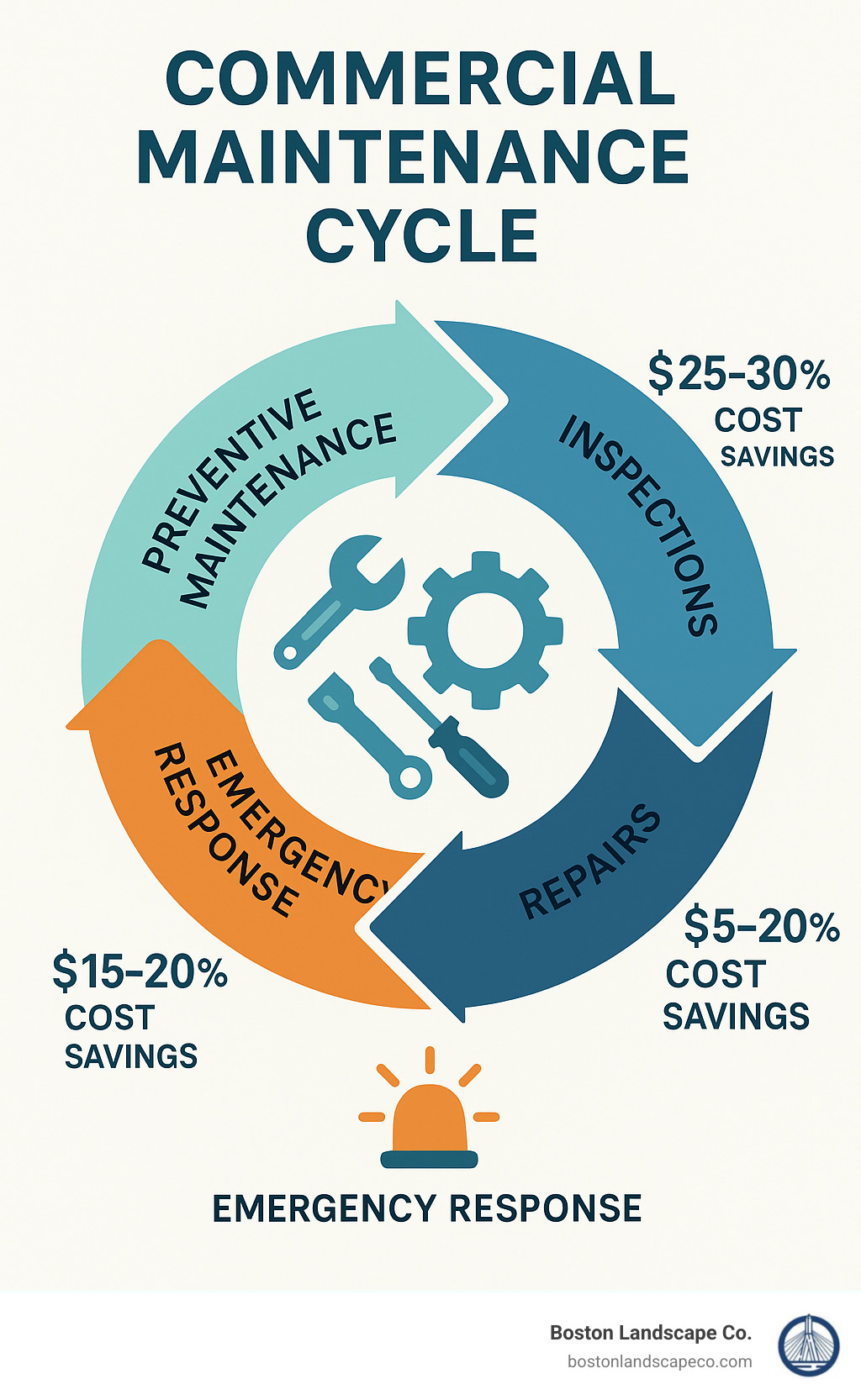 Commercial maintenance cycle showing preventive maintenance, inspections, repairs, and emergency response with estimated cost savings for each phase - commercial repair and maintenance work infographic 