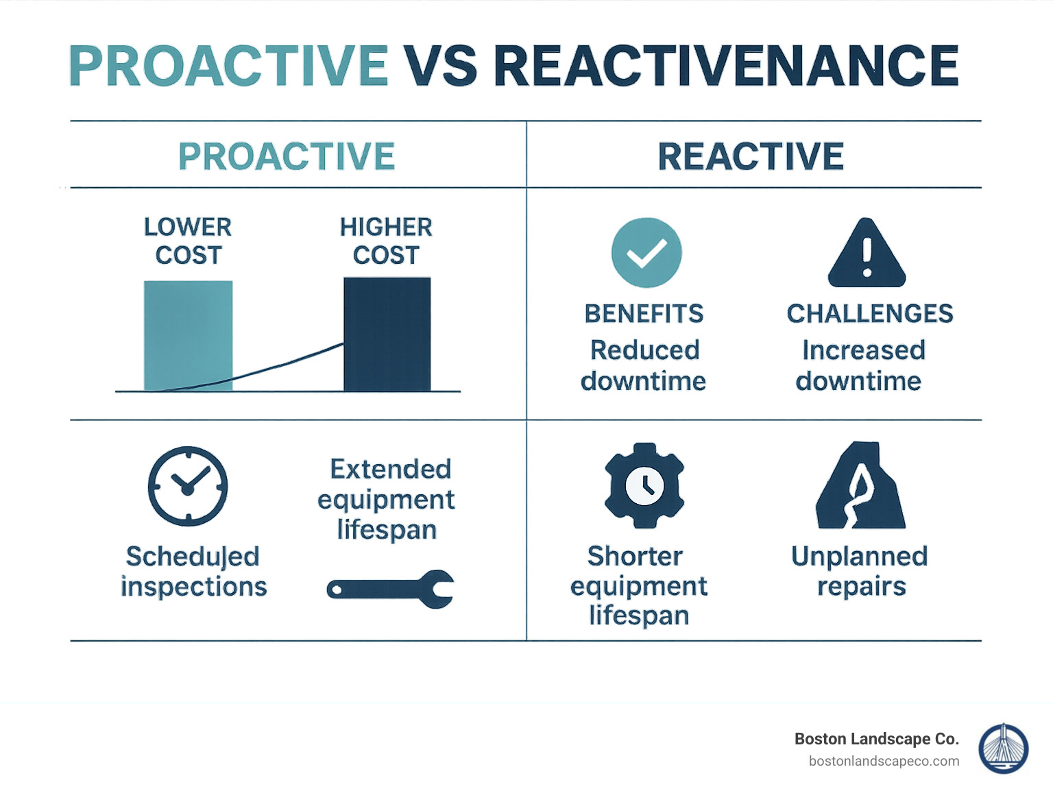Comparison of proactive vs reactive maintenance approaches showing cost differences and benefits - commercial repair and maintenance work infographic 