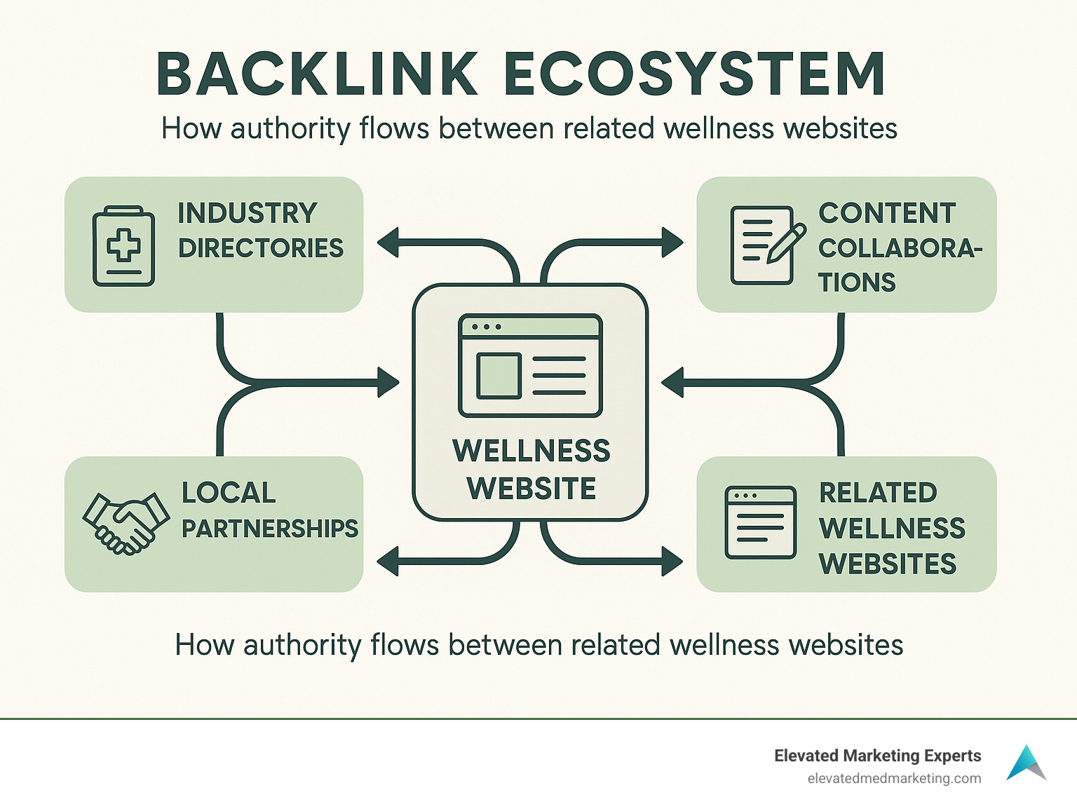 Backlink ecosystem showing how authority flows between related wellness websites, industry directories, local partnerships, and content collaborations - SEO for Wellness Clinics infographic 