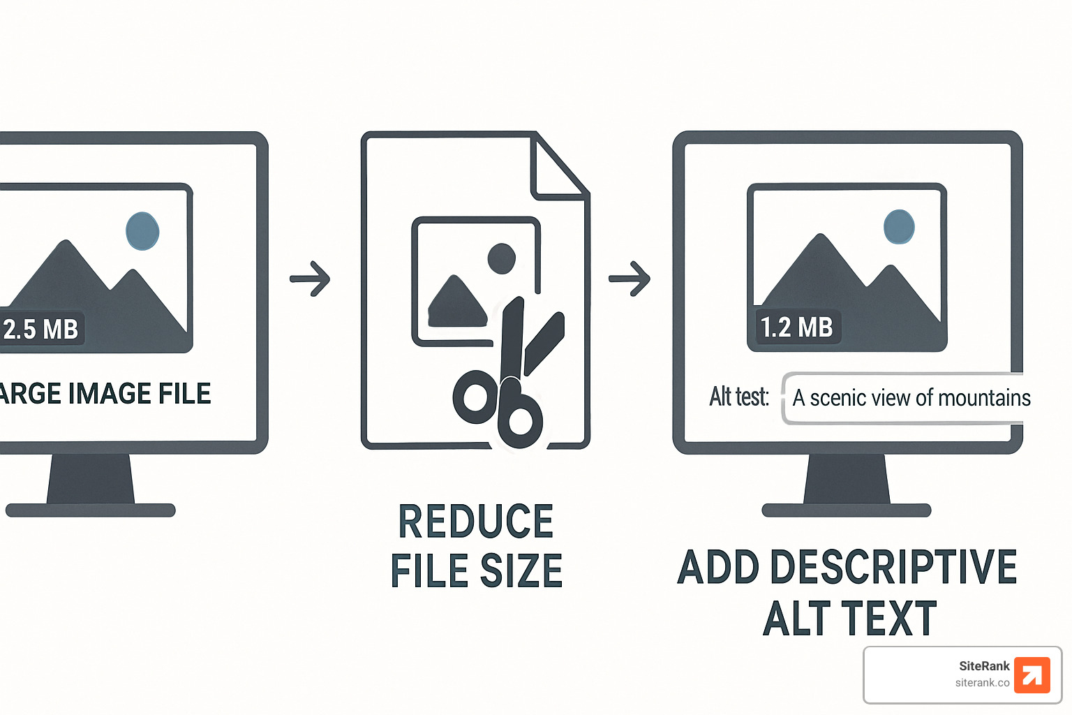 Image optimization process showing file size reduction and alt text addition - on page seo optimization techniques