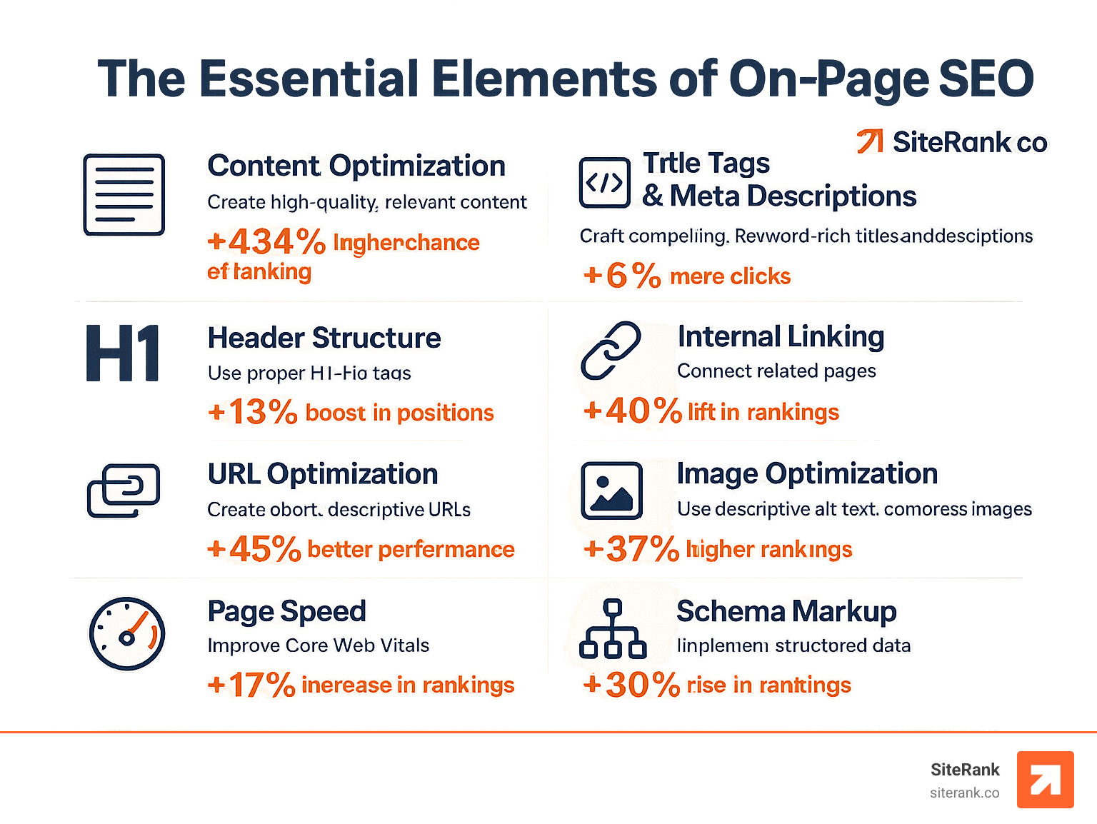 Detailed infographic showing the complete on-page SEO process with 8 key elements: content optimization, title tags and meta descriptions, header structure, URL optimization, internal linking, image optimization, page speed, and schema markup, with statistics about the impact of each element on rankings - on page seo optimization techniques infographic