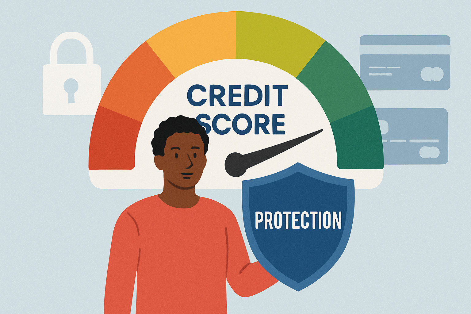 Person protecting credit score with shield - how to check your credit score Person protecting credit score with shield - how to check your credit score