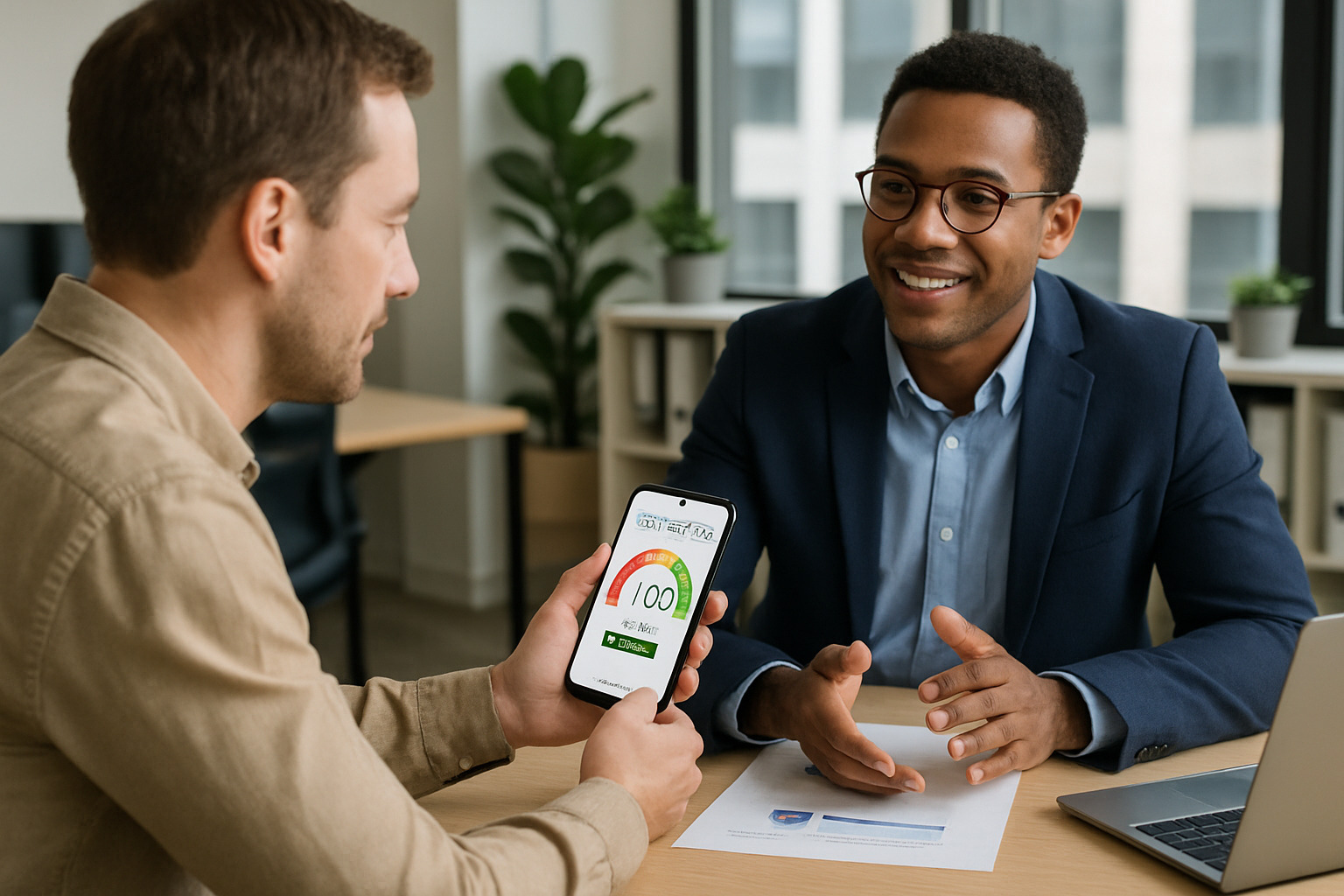 Person reviewing credit score on smartphone with financial advisor - how to check your credit score Person reviewing credit score on smartphone with financial advisor - how to check your credit score