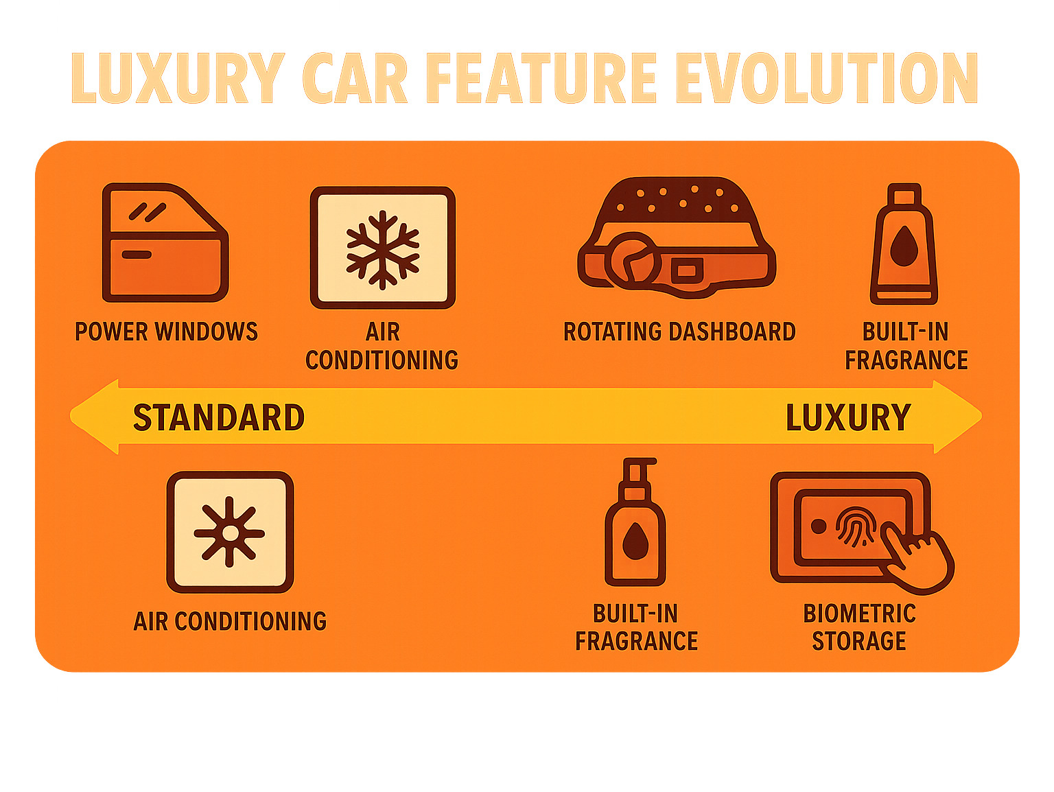 Timeline of luxury car feature evolution showing how features like power windows and air conditioning have moved from luxury to standard, while new innovations like starlight headliners, rotating dashboards, and biometric storage have emerged at the high end - luxury car features infographic 