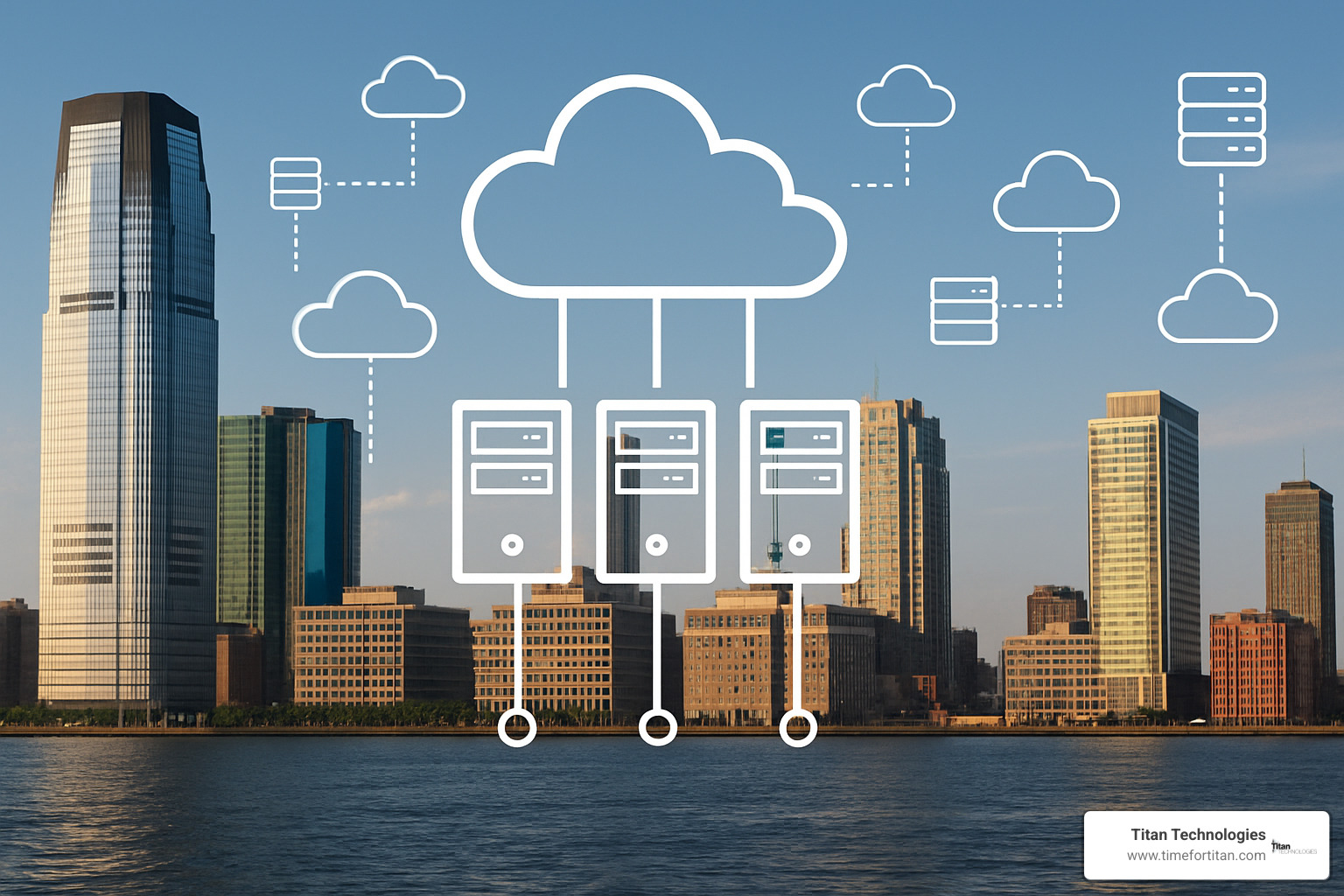 New Jersey business skyline with cloud infrastructure overlay - cloud computing services nj