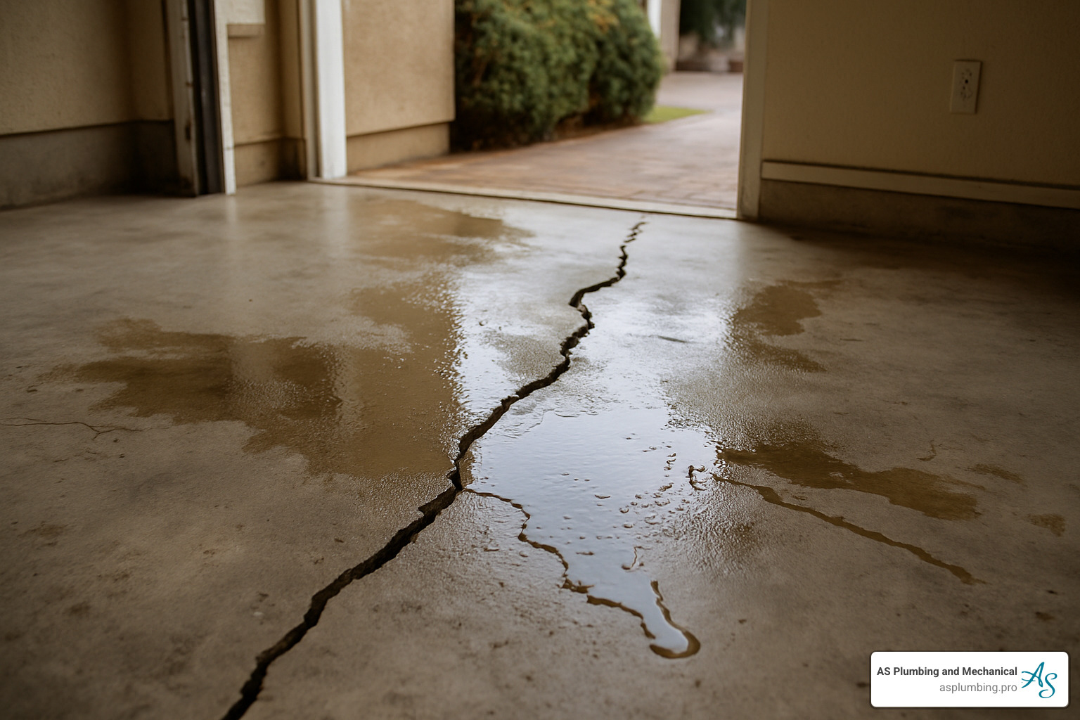 cracked concrete slab with water seeping through - Upland leak detection