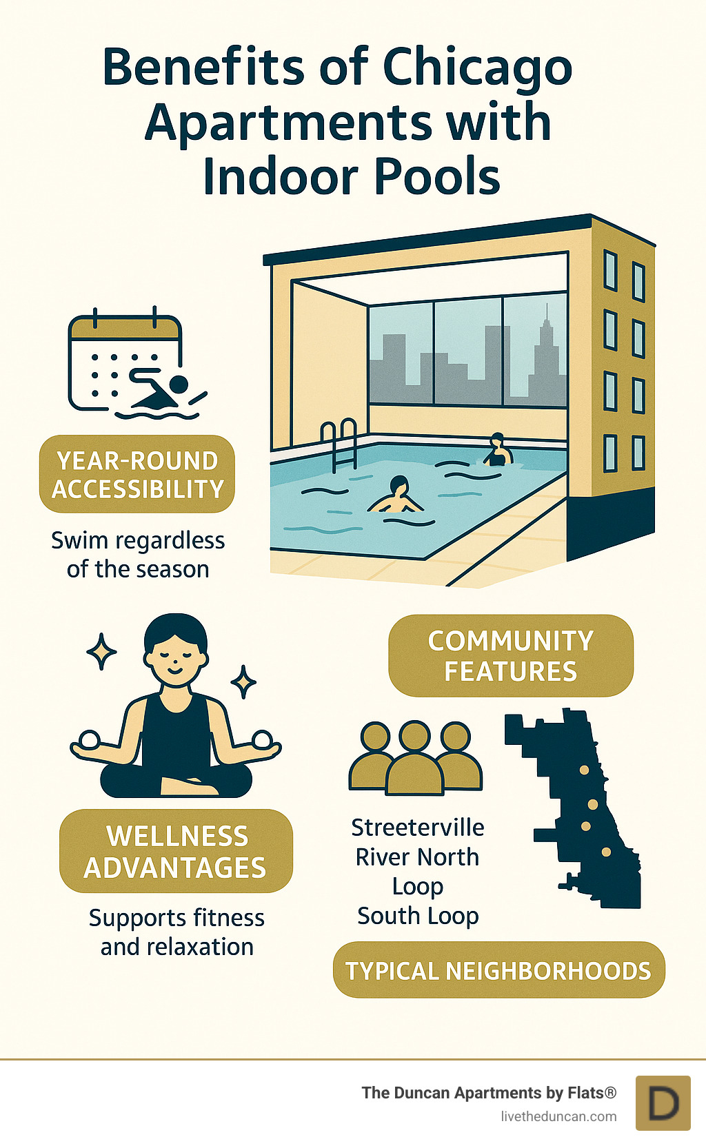 Benefits of Chicago apartments with indoor pools showing year-round accessibility, wellness advantages, community features, and typical neighborhoods where they're found - Apartments with indoor pool Chicago infographic 