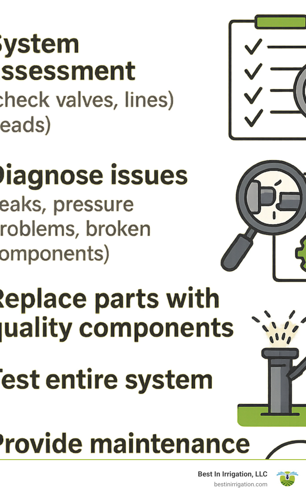 Sprinkler System Repair Process: 1. System assessment (check valves, lines, heads) 2. Diagnose issues (leaks, pressure problems, broken components) 3. Create repair plan 4. Replace parts with quality components 5. Test entire system 6. Provide maintenance tips - lawn sprinkler system repair near me infographic 