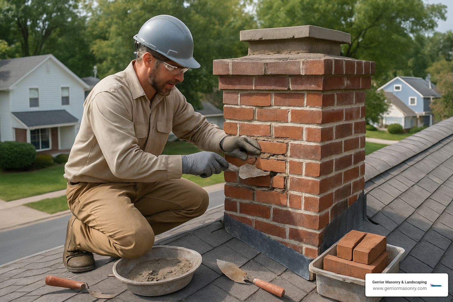 chimney repair professional working on brick chimney - chimney repair and replacement