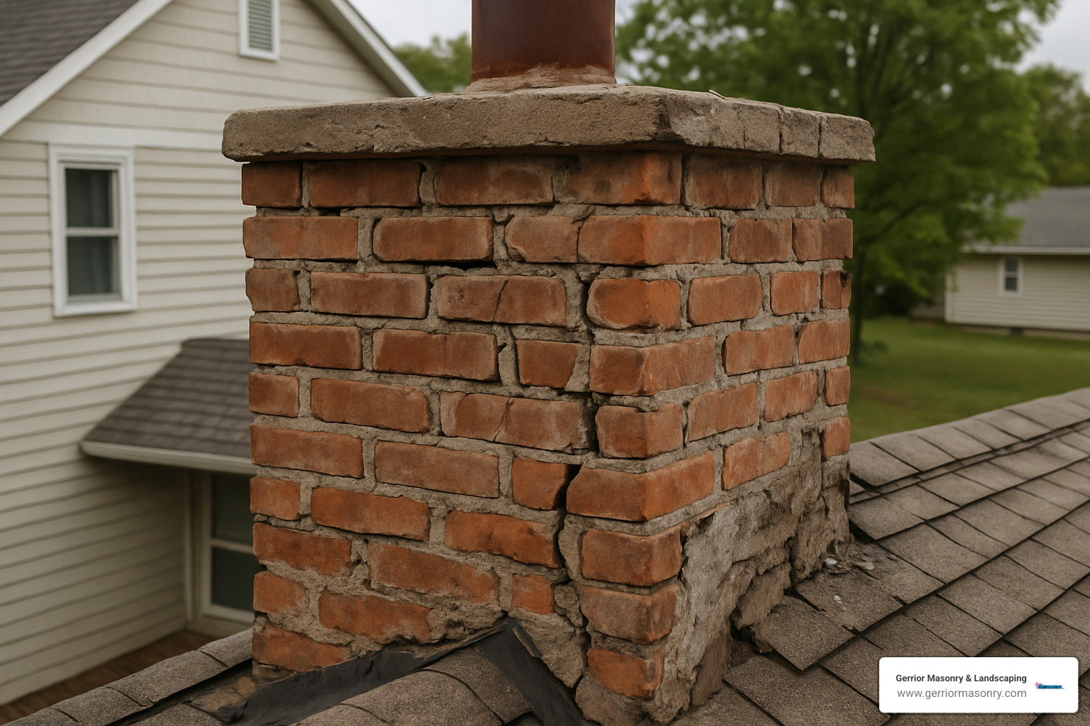 chimney with visible damage showing cracks and deteriorating mortar - chimney repair and replacement