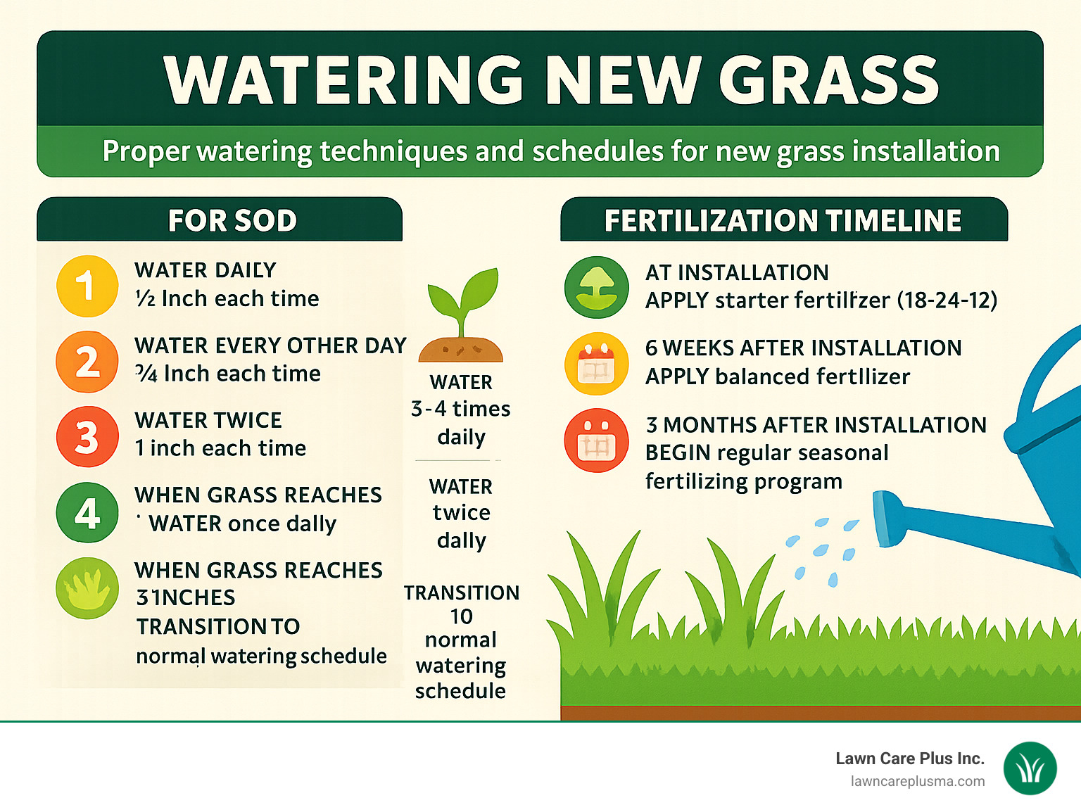 Infographic showing proper watering techniques and schedules for new grass installation - new grass installation infographic