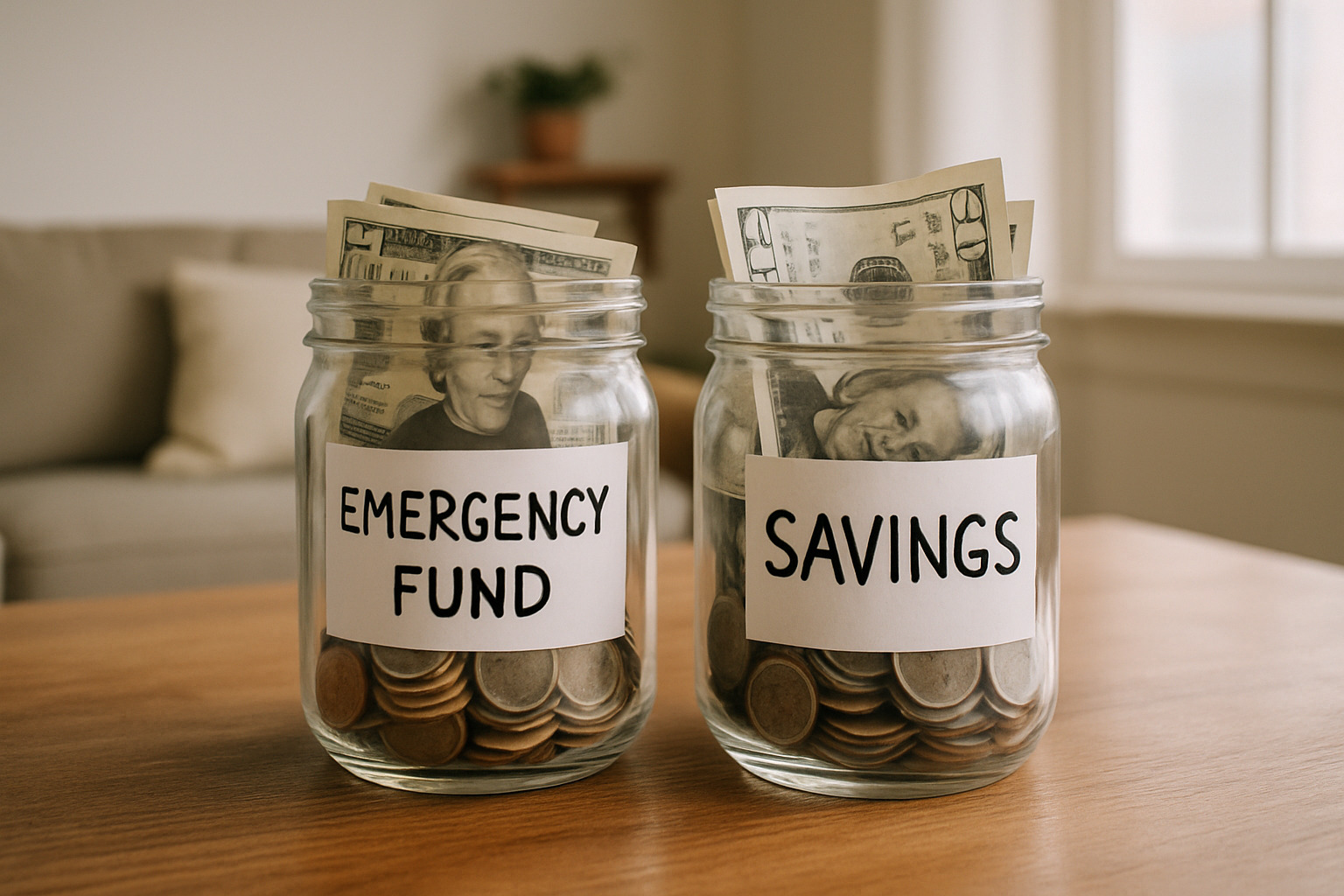two labeled glass jars for emergency fund and savings - Emergency fund vs savings