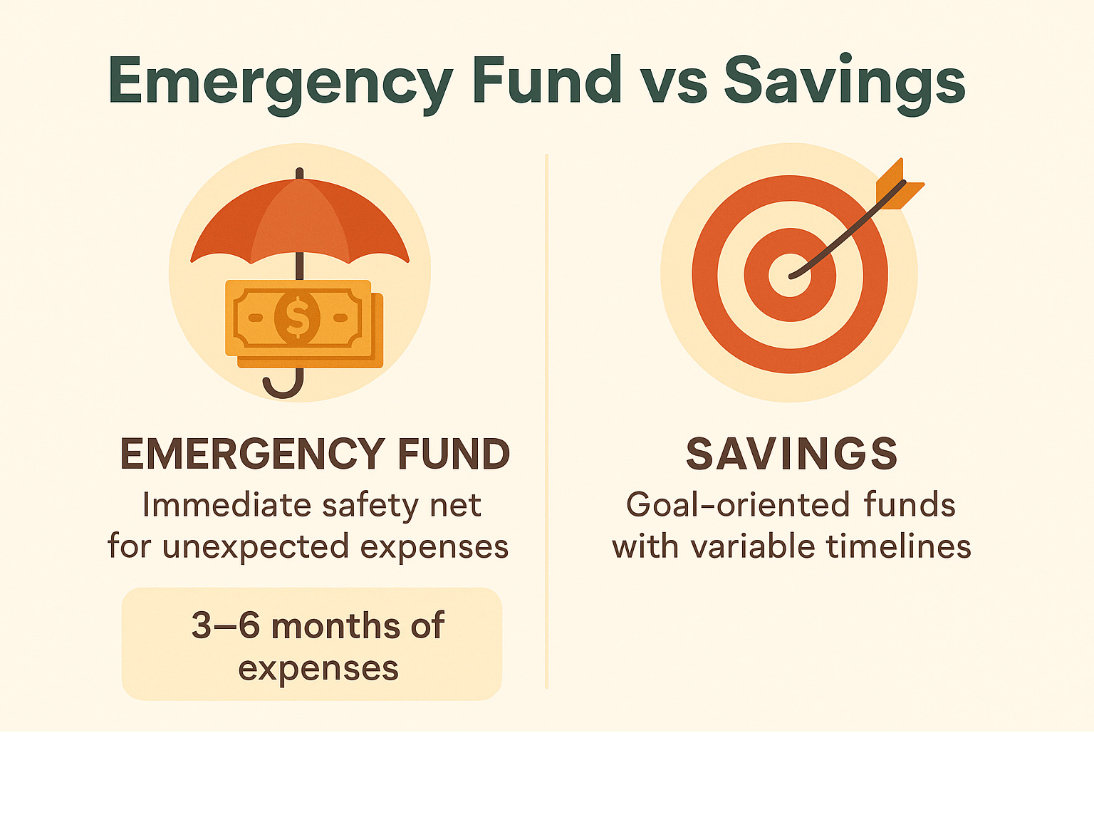Comparison of emergency fund vs savings showing emergency fund as immediate safety net for unexpected expenses with 3-6 months of expenses and savings accounts as goal-oriented funds with variable timelines - Emergency fund vs savings infographic
