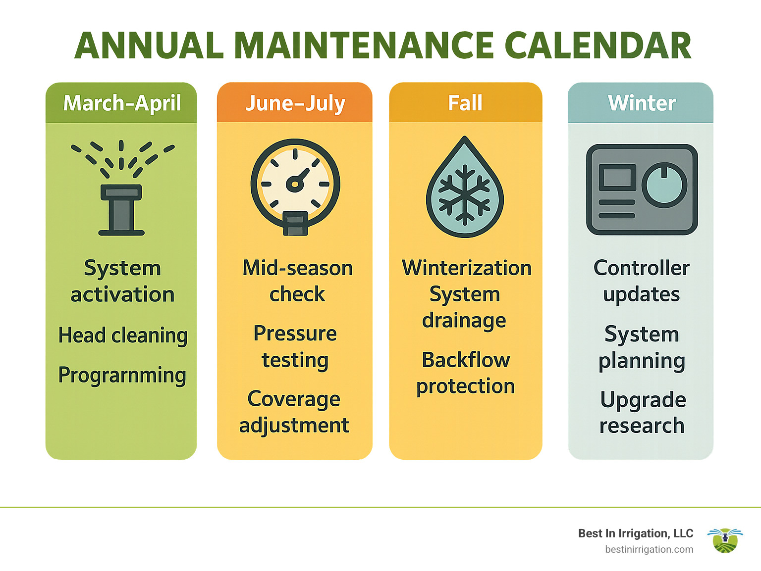 Annual Maintenance Calendar: Spring (March-April): System activation, head cleaning, programming. Summer (June-July): Mid-season check, pressure testing, coverage adjustment. Fall (October-November): Winterization, system drainage, backflow protection. Winter: Controller updates, system planning, upgrade research. - lawn sprinkler system repair near me infographic 